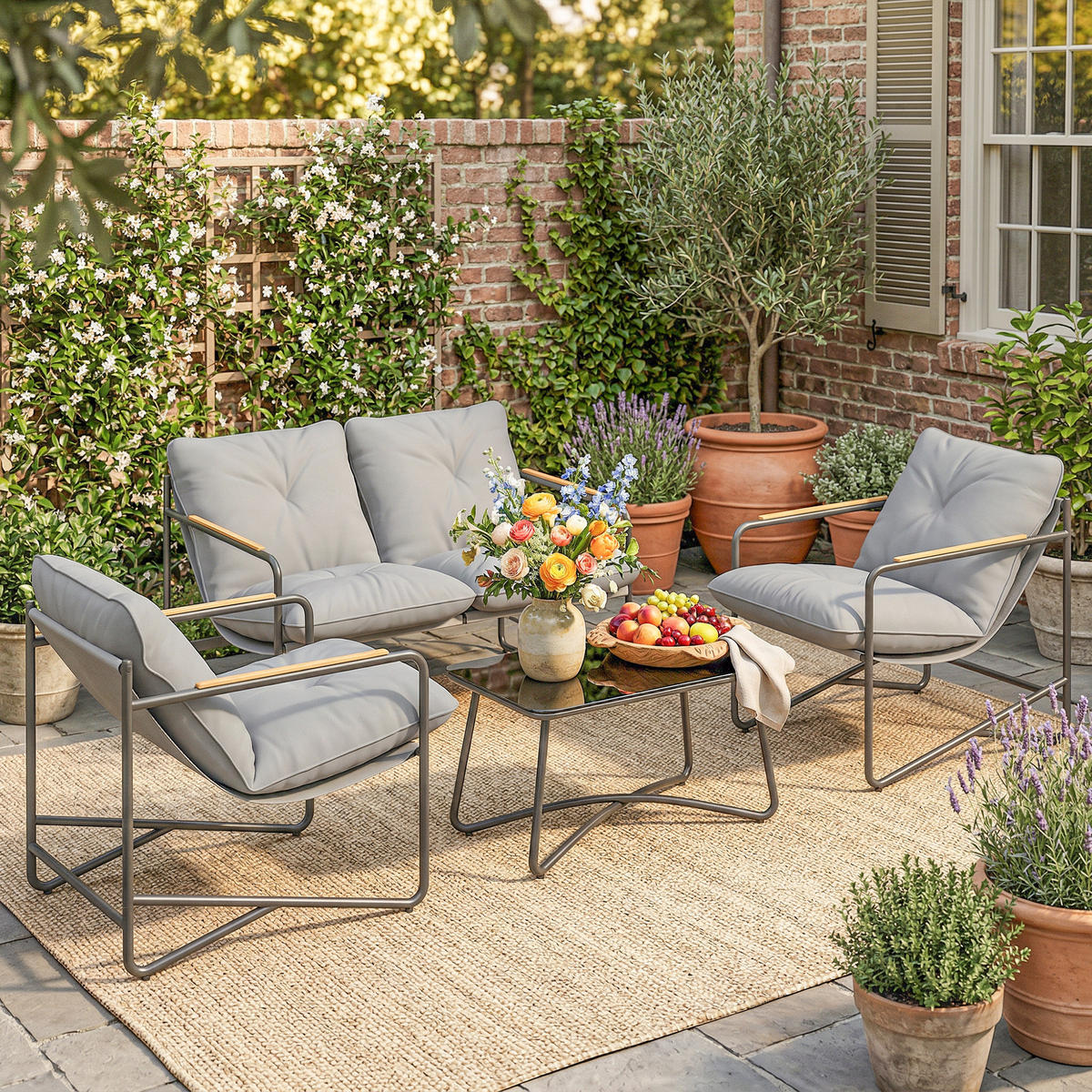 GARTENSET DE-13541 4-teilig mit 13 cm Kissen & Glastisch Hellgrau - Hellgrau, Metall - ComfortXL