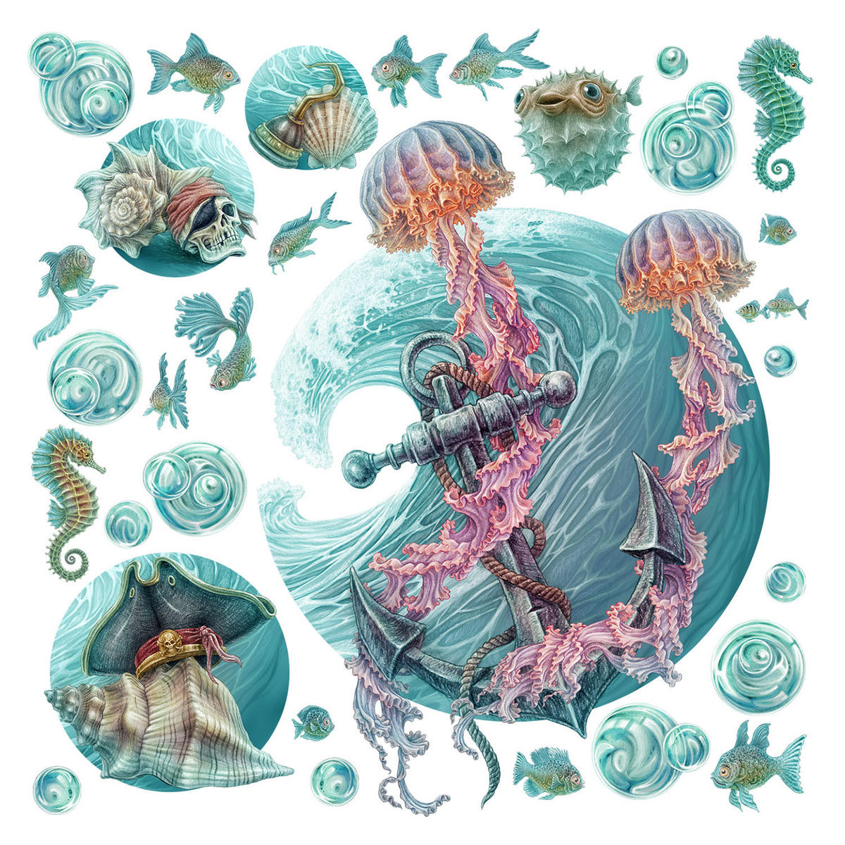 WANDAUFKLEBER 60x62cm - Die Welt der Quallen - Multicolor, Kunststoff (60/62/0.1cm) - Wallfluent