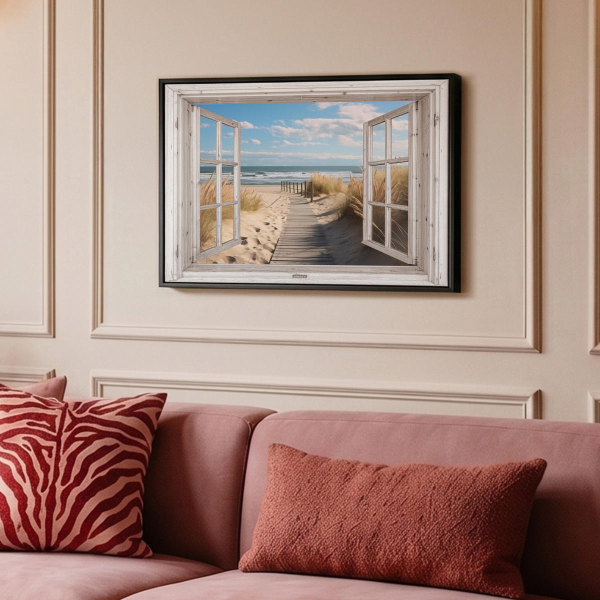 LEINWAND Bilder mit Rahmen - Fenster - Meer - Küste - Natur - Ausblick - Strand - Wattenmeer - 60x40 - Beige, Textil (60/40cm) - MuchoWow