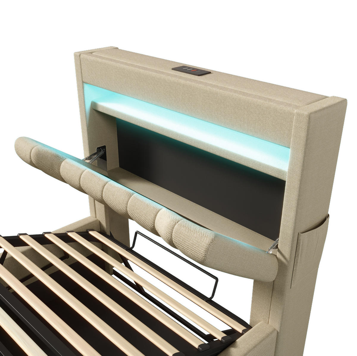 POLSTERBETT 90/200 cm Beige aus Leinen mit Matratze und LED-Beleuchtung - Beige, Textil (90/200cm) - OKMYHOME