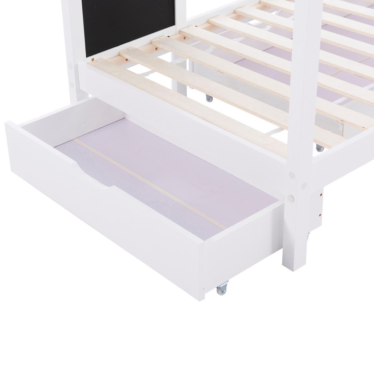 POSTELJA v obliki hiše 90/200 cm bela iz masivnega bora s tablo, 2 predaloma in letvenim dnom - bela, les (90/200cm) - OKWISH