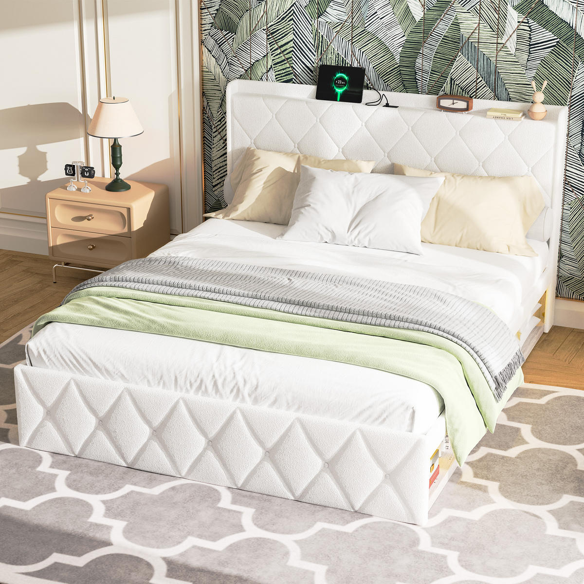 POLSTERBETT 140/200 cm Beige mit 6 Ablagefächer, USB-Ladefunktion und LED-Lichtleisten - Weiß, Textil (140/200cm) - Oxeza
