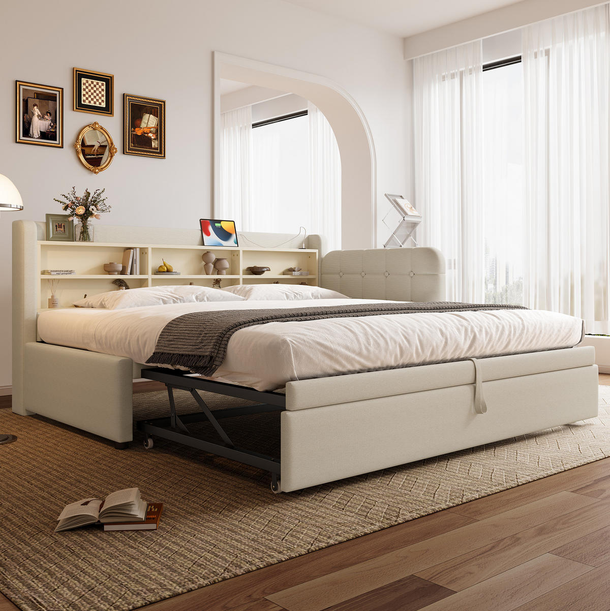 BETT 90/200 cm mit Ausziehbett, Kopfteil und USB/Typ-C – inkl. Lattenrost, Beige - Beige, Textil (90/200cm) - BEAOK