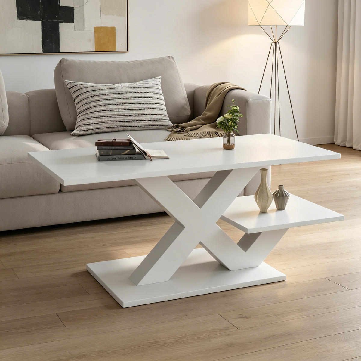 COUCHTISCH mit doppelter Arbeitsplatte und X-förmigen Tischbeinen MDF Weiß 100/48/45 cm - Weiß, Holzwerkstoff (100/48/45cm) - EVRYAE