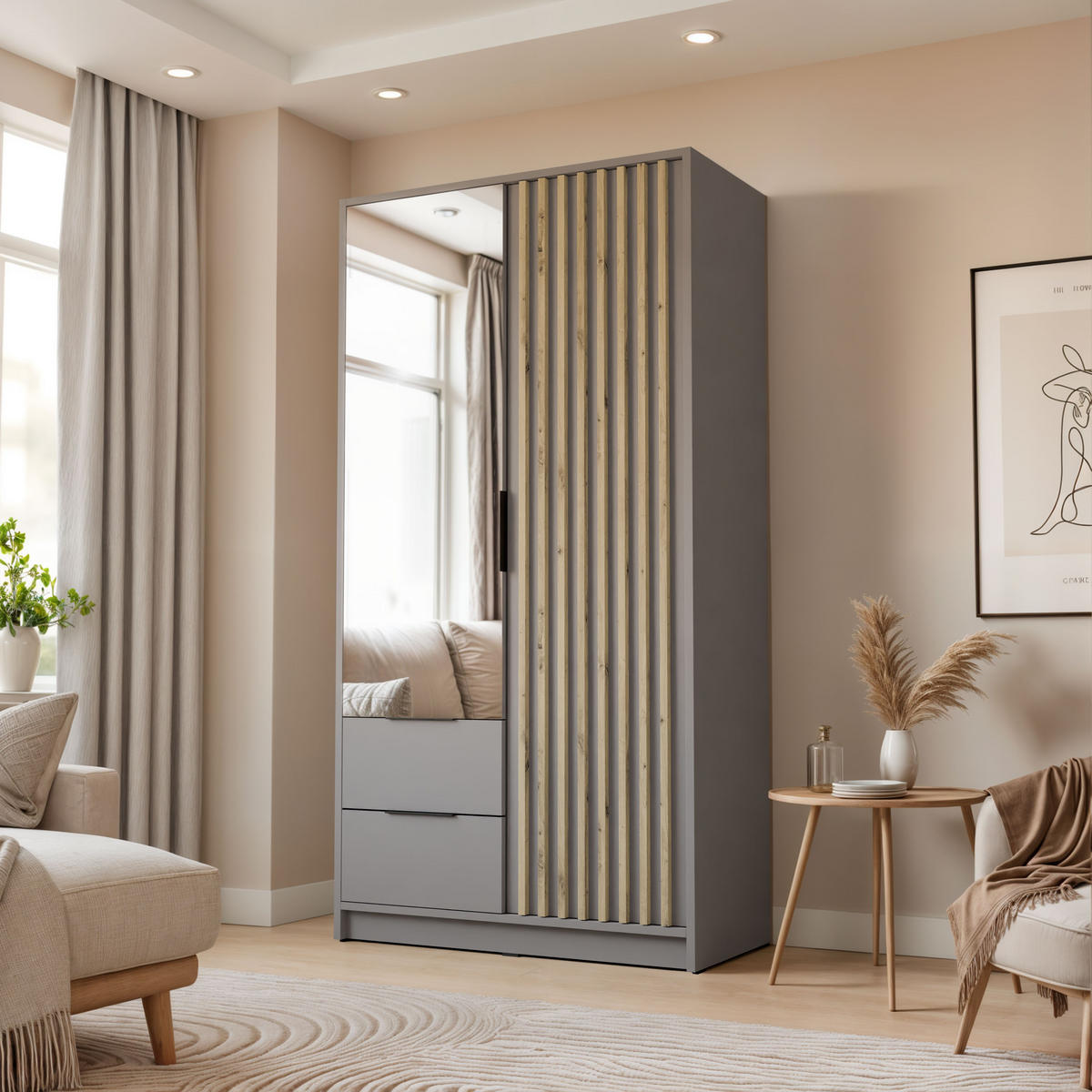 KLEIDERSCHRANK NELA, zweitürig mit Lamellen und Spiegel, 105 cm, Grau/Artisan - Grau, Holzwerkstoff (105/200/51cm) - Lookway