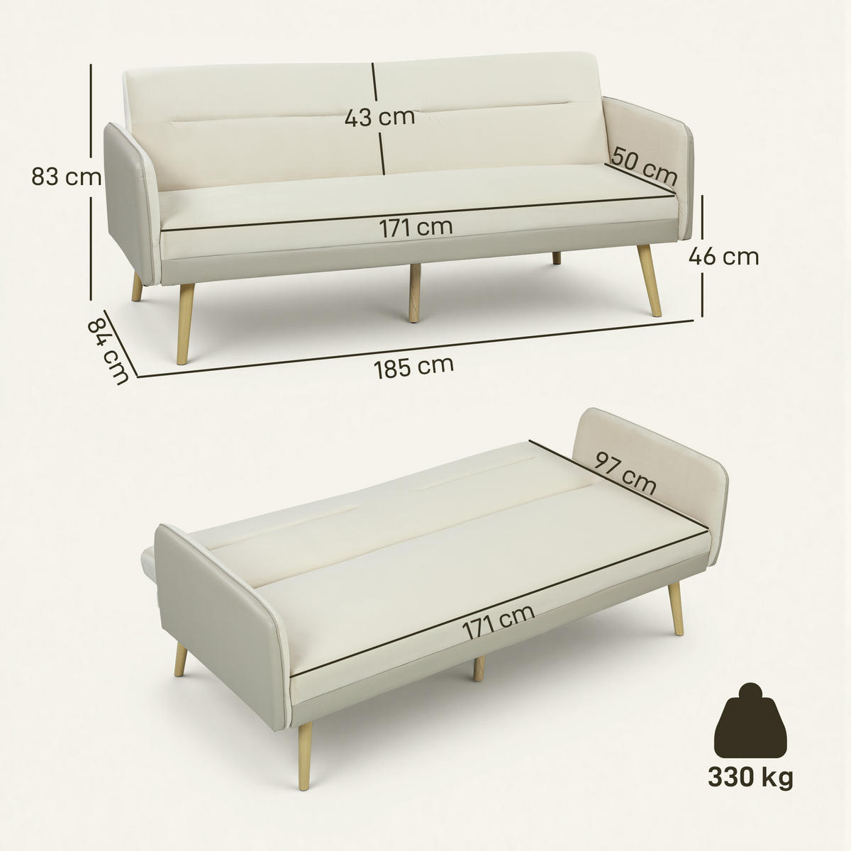 SCHLAFSOFA DE-13497 3-in-1, Klick-Klack-Mechanismus Beige - Beige, Textil (185/83/84cm) - ComfortXL