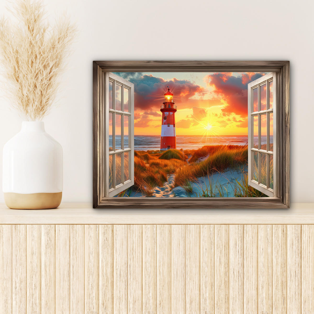 LEINWANDBILD Aussicht - Fenster - Leuchtturm - Sonnenuntergang - Strand 40x30 cm - Dunkelorange, Textil (40/30cm) - MuchoWow