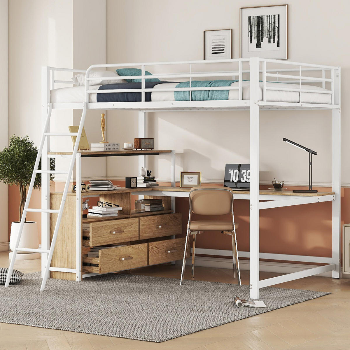 HOCHBETT 140/200 cm, Weiß mit L-förmigem Schreibtisch und 4 Schubladen - Weiß, Metall (140/200cm) - MIVRAY