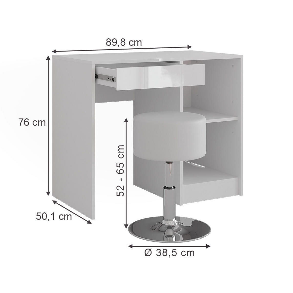 SCHMINKTISCH Sherry Weiß/Weiß Hochglanz 89.8 cm mit Hocker - Weiß Hochglanz, Holzwerkstoff (89.8/76/50.1cm) - Vicco