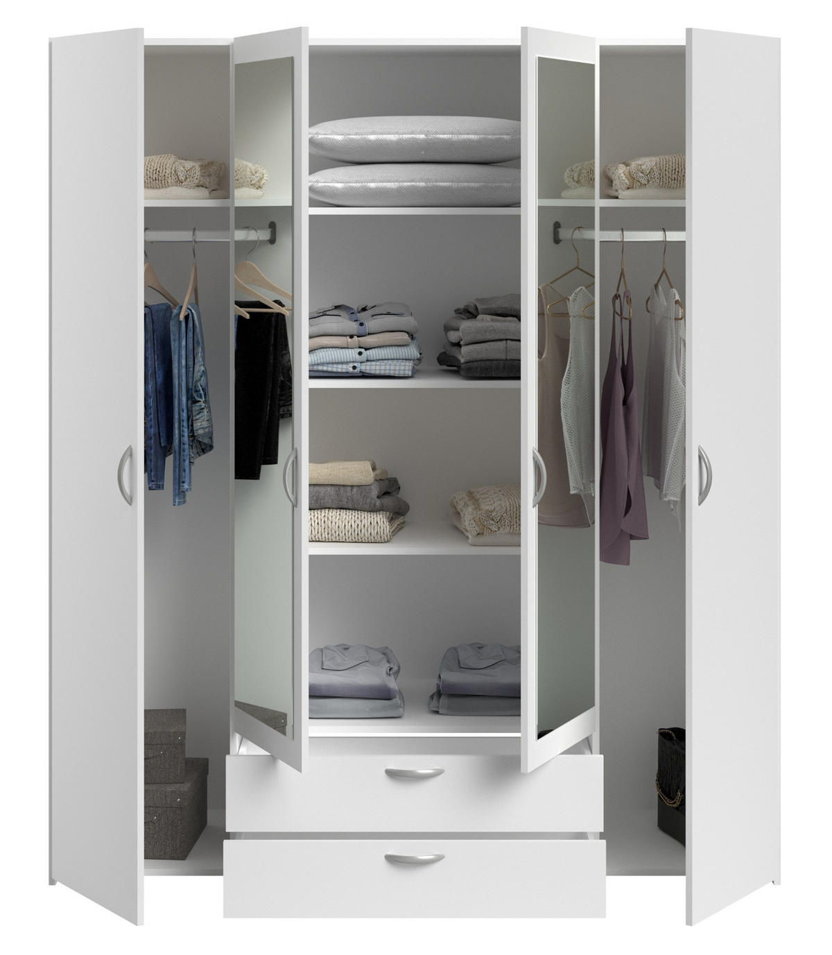 KLEIDERSCHRANK mit Spiegel weiß 160 cm Drehtürenschrank 4-türig - Silberfarben/Weiß, Holzwerkstoff/Kunststoff (160/185/185cm) - Furn.Design