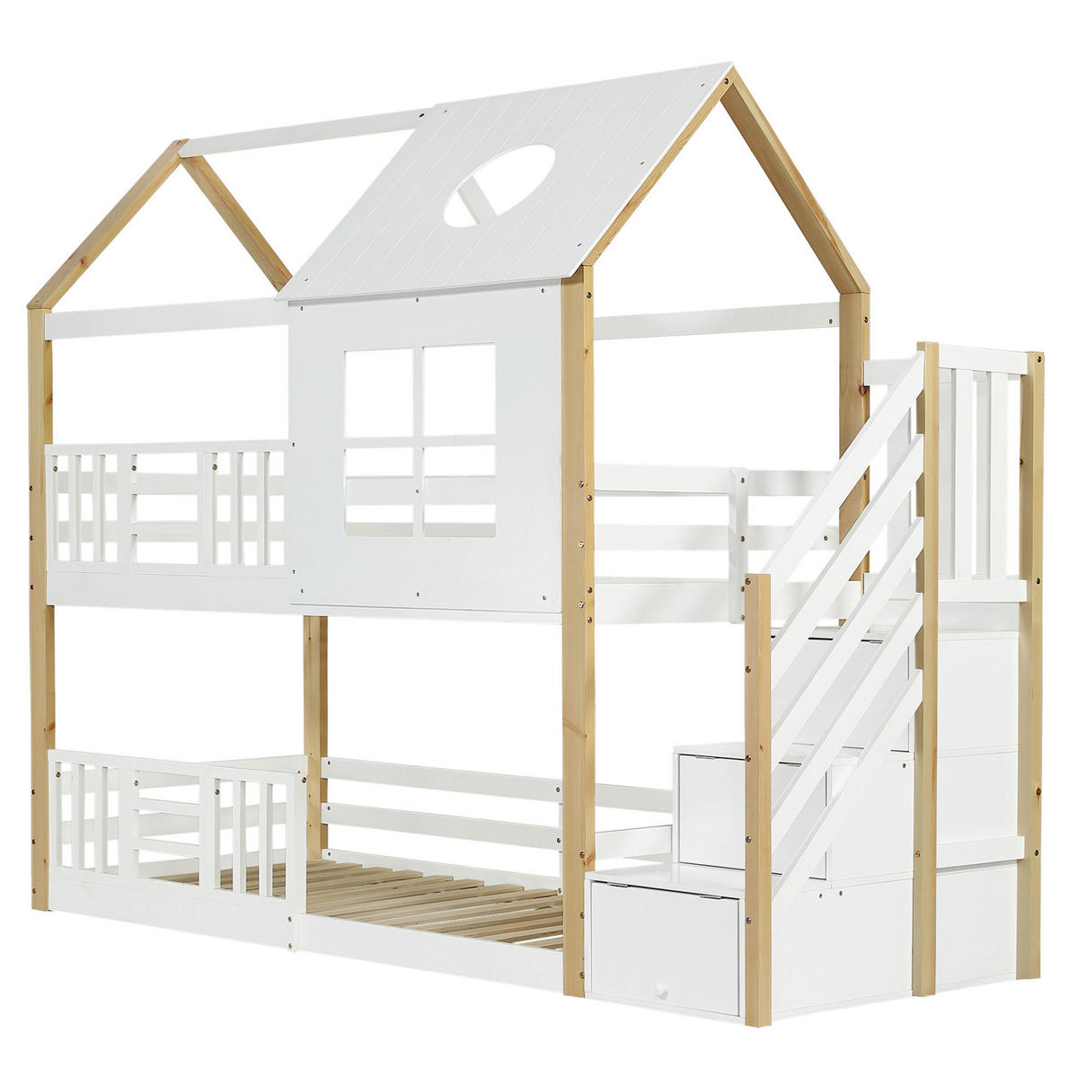 ETAGENBETT 95/200 cm Weiß/Natur aus Kiefer und MDF mit Treppenschrank - Weiß, Holz (90/200cm) - OKWISH