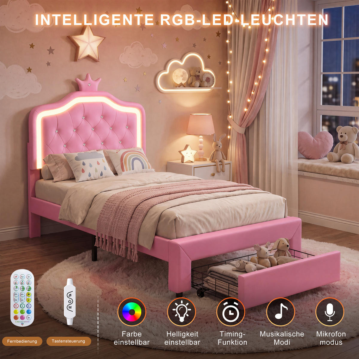 POLSTERBETT Princess Crown 90x200 cm mit höhenverstellbarem Kopfteil, PU, Lattenrost & LED-Beleuchtung, Rosa - Pink, Leder/Holz (90/200cm) - BursDany