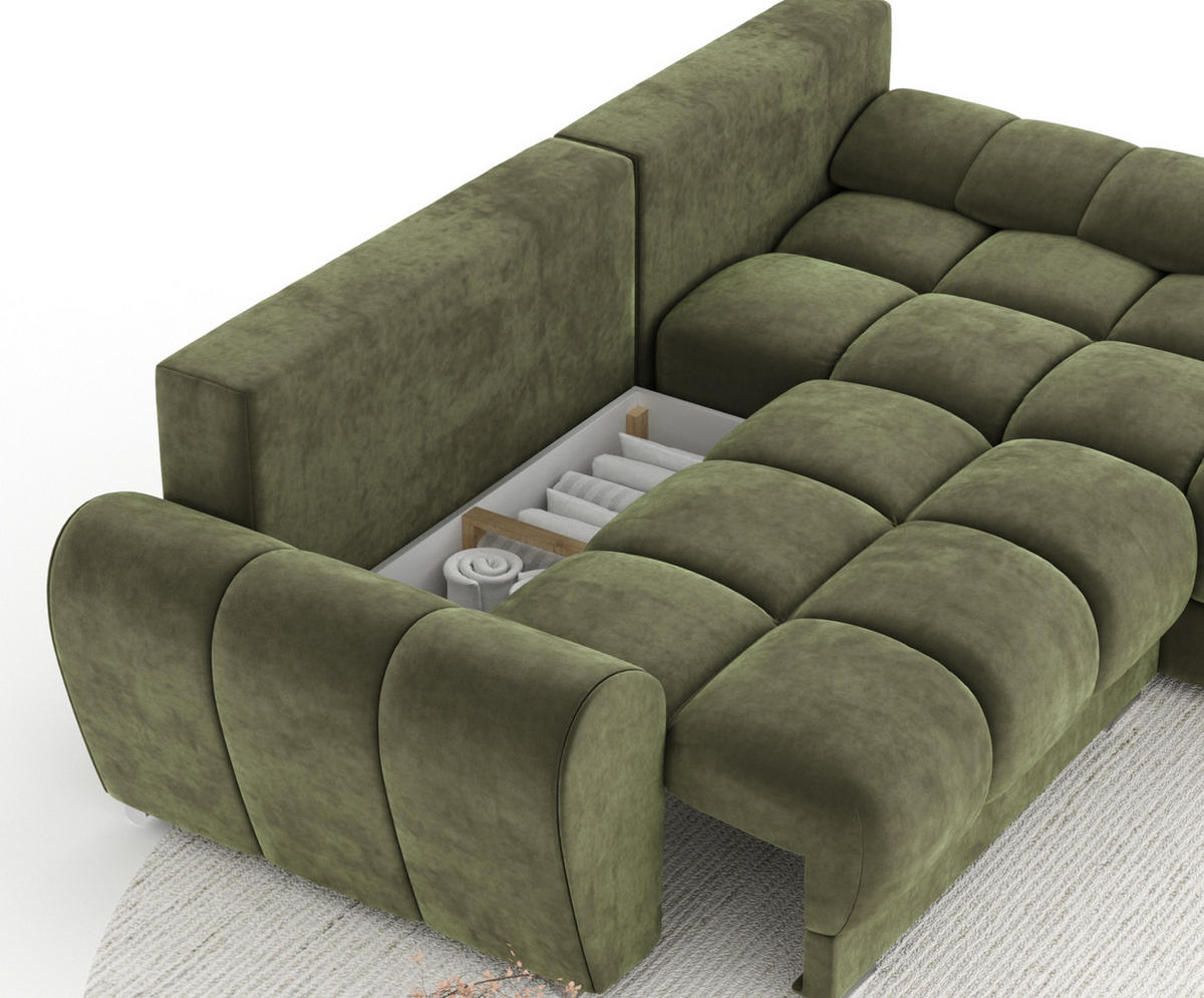 ECKSOFA MIT SCHLAFFUNKTION Peebles Olivenfarbe Samtstoff - Chromfarben/Olivgrün, Holz/Holzwerkstoff (256/175cm) - Maison de Reve