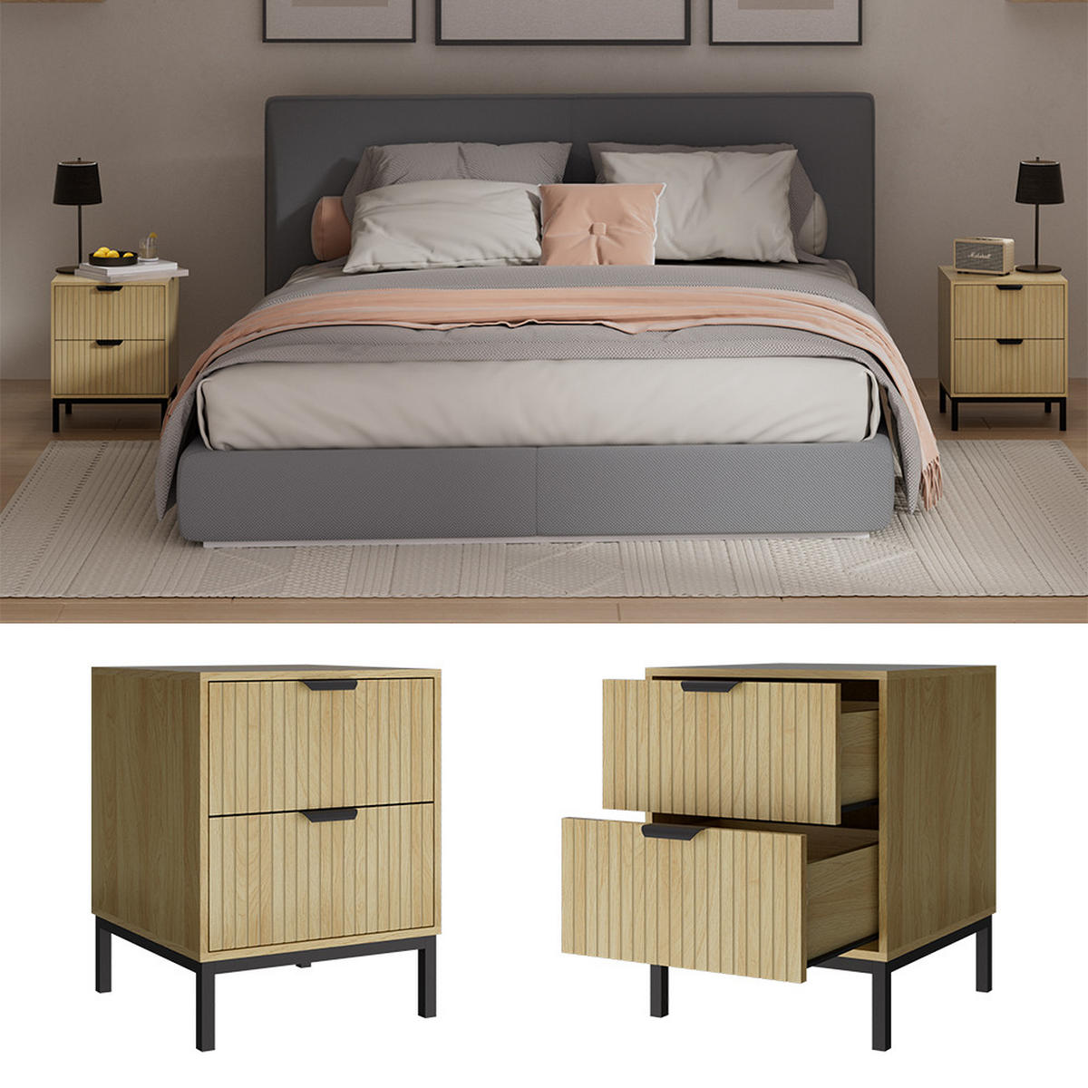 NACHTTISCH Lennox Eiche 40 x 52 cm 2er Set - Eichefarben/Schwarz, Holzwerkstoff (40/52/40cm) - Vicco