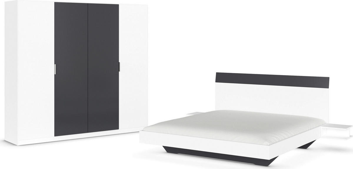 SCHLAFZIMMER Monza in Weiß und Grau Metallic mit Bettanlage 180x200cm, 2 Nachttischen und Drehtürenkleiderschrank 4türig ohne Spiegel - Weiß, Holzwerkstoff (80/200/120cm)