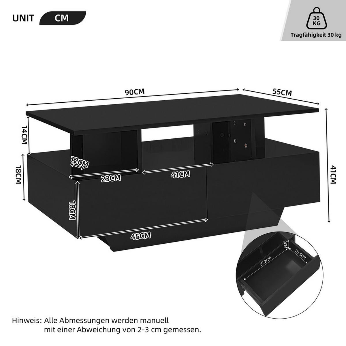 COUCHTISCH 90x55cm Schwarz Hochglanz LED 2 Schubladen Stauraum 30kg Belastbar - Schwarz, Holz (90/55/41cm) - FLIEKS