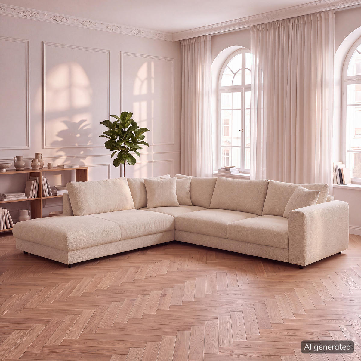 ECKSOFA mit Ottomane - Beige/Schwarz, Holz/Kunststoff (267/254cm) - home24