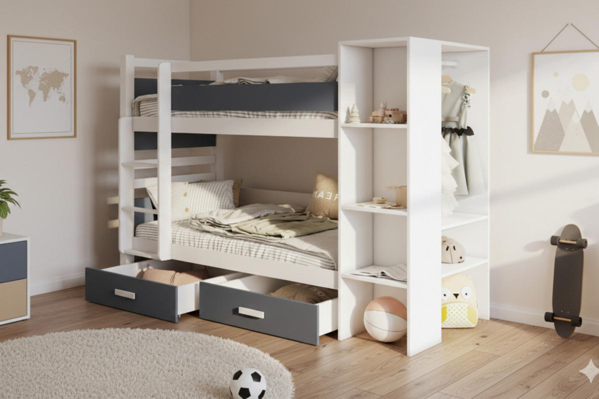 ETAGENBETT AGNES 90/200 Weiß/Graphit links - Graphitfarben/Weiß, Holzwerkstoff/Textil (90/200cm) - Deine Möbel 24