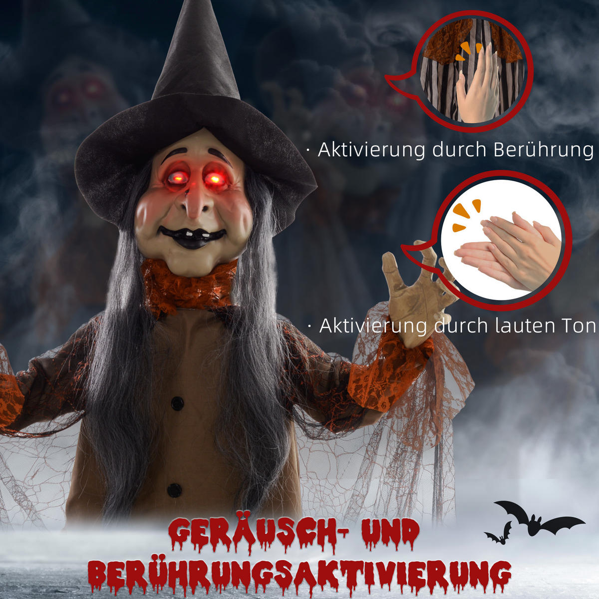 HALLOWEEN DECORATIONS 183cm Halloween-Hexe mit LED-Lichter, Soundfunktion - Schwarz, Kunststoff/Metall (60/183/18cm) - HOMCOM