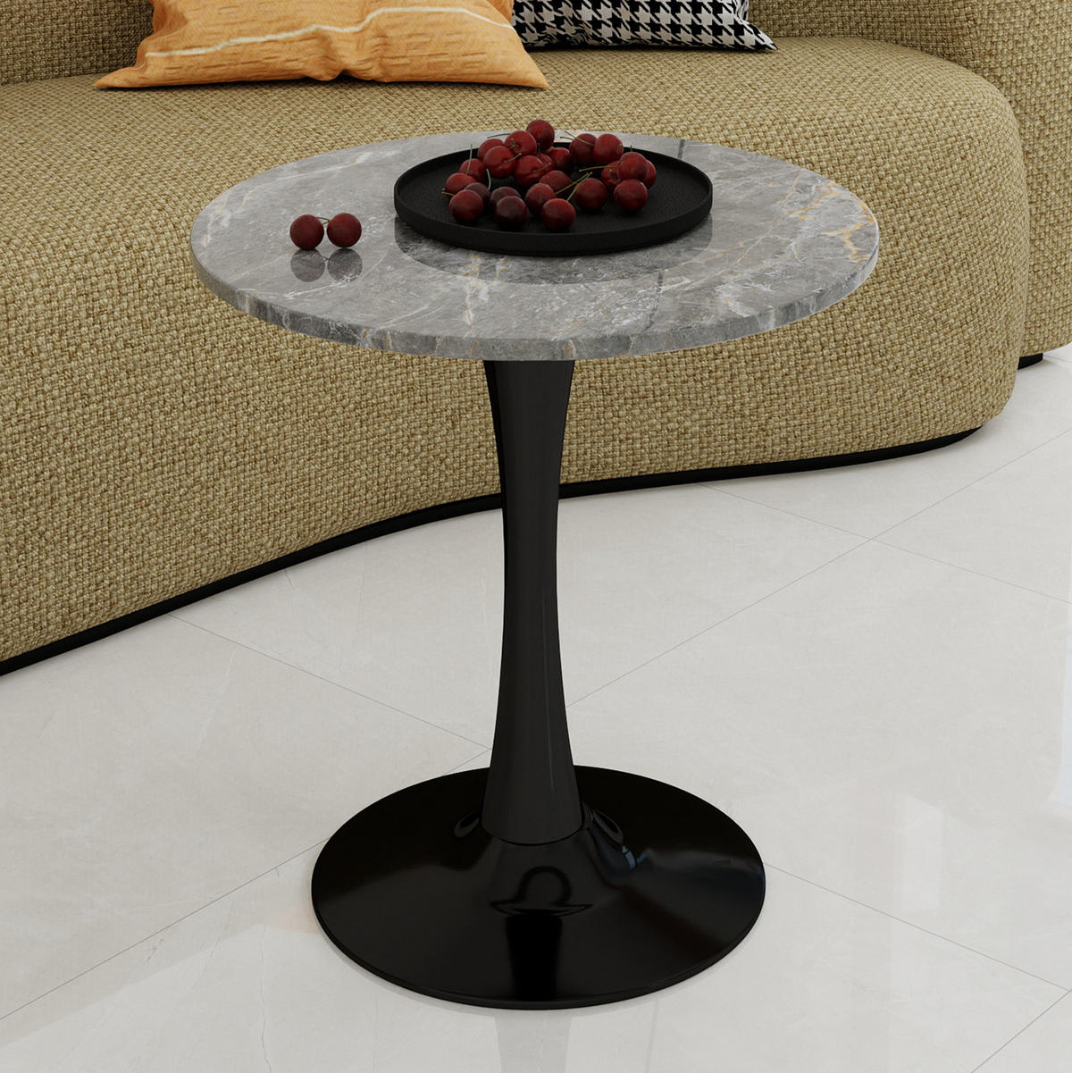 COUCHTISCH 70 cm aus Kunstmarmor in Schwarz/Grau–rund und vielseitig - Grau, Stein (70/70/72cm) - Flora Grace