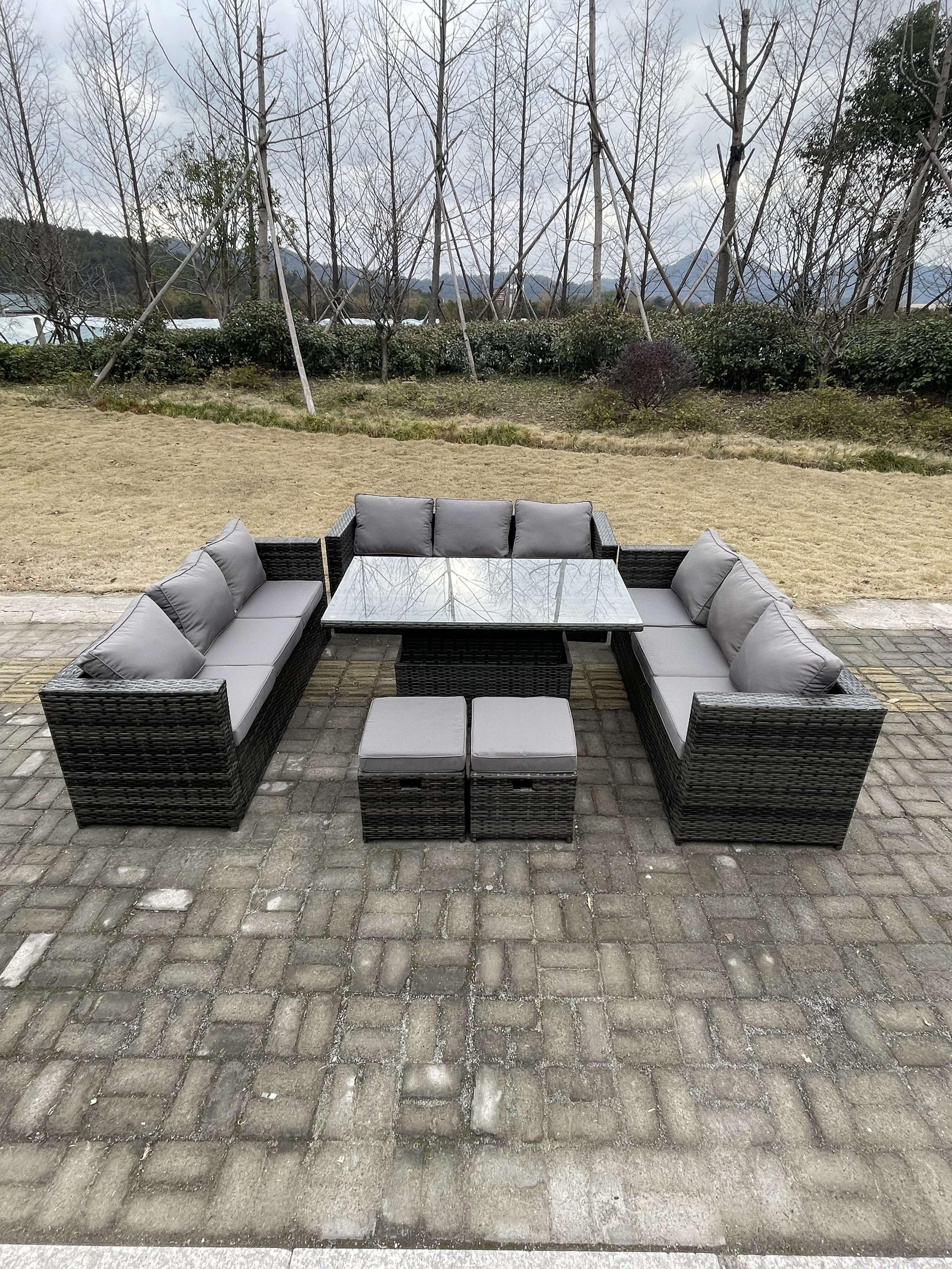 SITZGRUPPE Polyrattan 11-Sitzer - Dunkelgrau/Grau, Glas/Kunststoff - Fimous