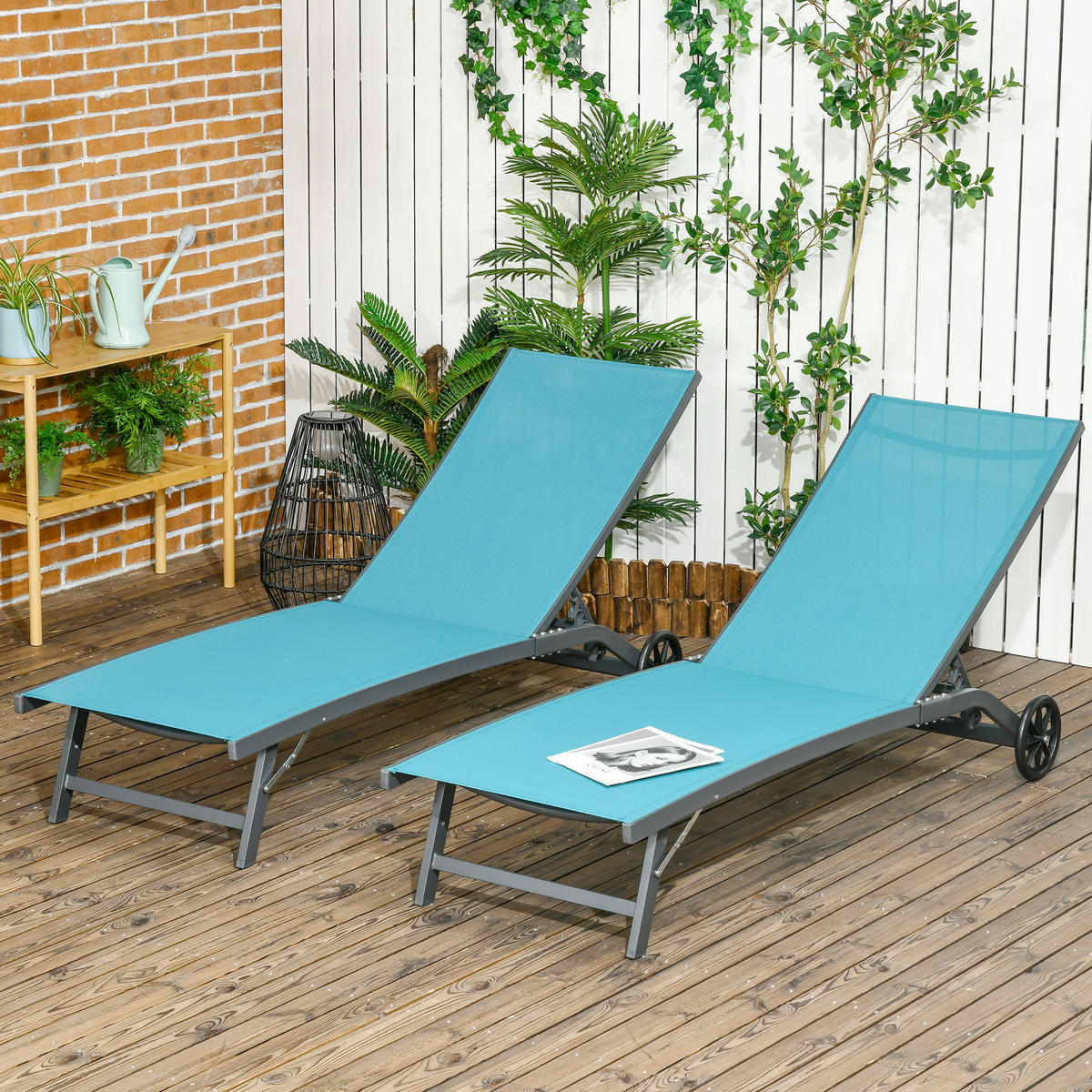 SONNENLIEGE DE-15613 2er-Set mit Rollen und 5-fach verstellbarer Rückenlehne Blau - Blau, Metall (66/34/195cm) - ComfortXL