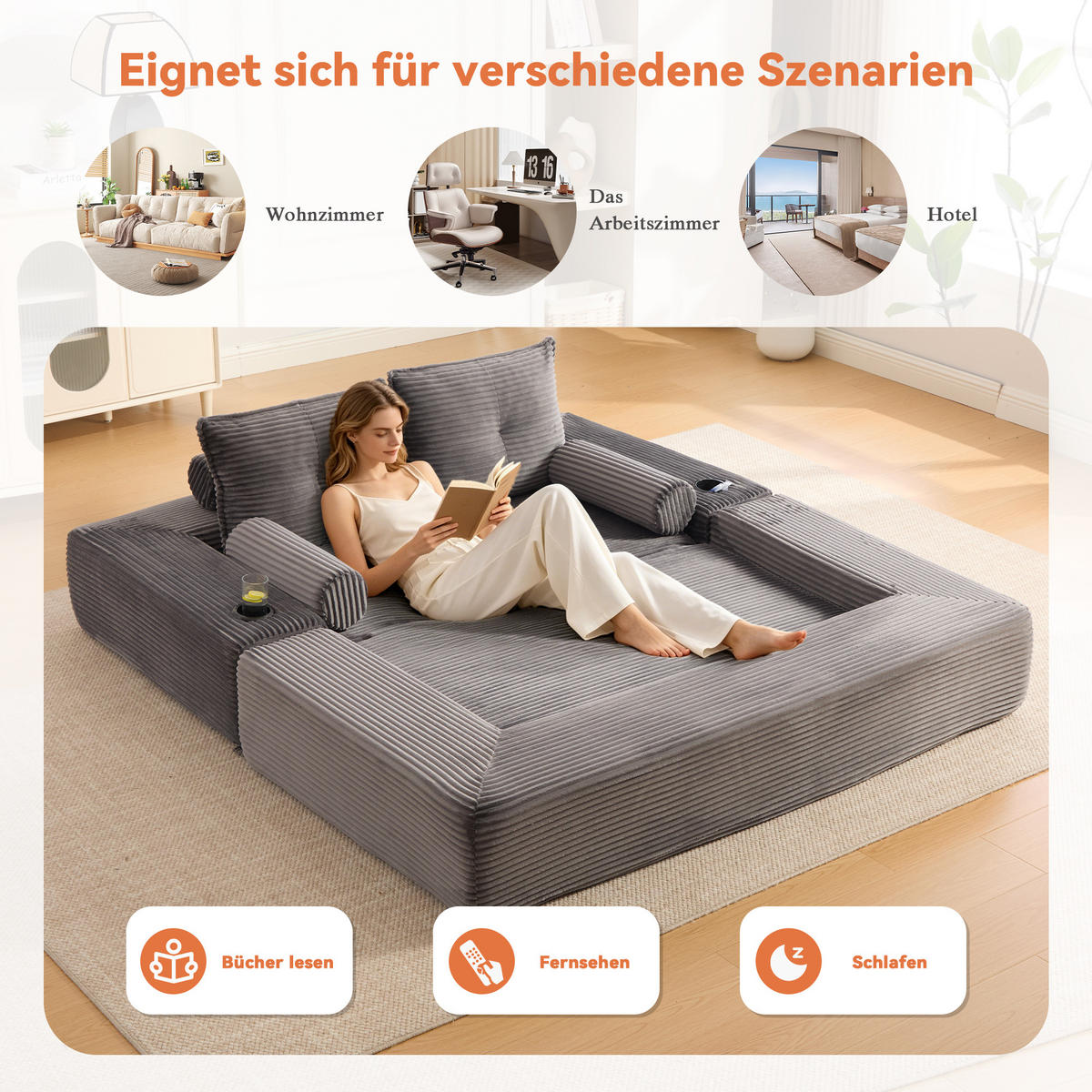 SCHLAFSOFA mit Klappfunktion, Memory-Kissen und Getränkehalter aus Cord - Dunkelgrau, Textil (180/80/98cm) - EVRYAE