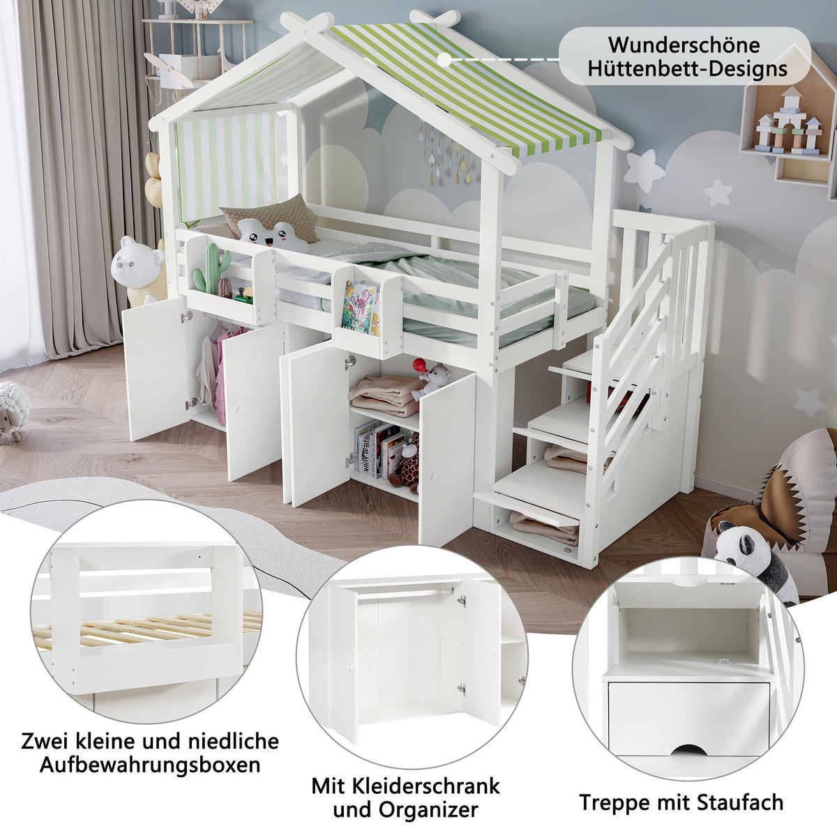 ETAGENBETT aus Kiefer und MDF 90x200 cm Weiß/Grün mit Stauraumtreppe, Schrank, Fallschutz und Dachdesign - Weiß, Holzwerkstoff (90/200cm) - Modfu