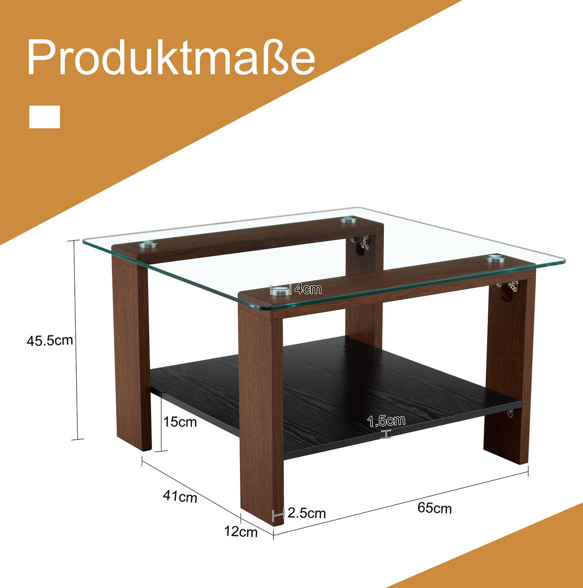COUCHTISCH aus MDF und Glas 65x65x45,5 cm in Walnuss mit Stauraum - Walnussfarben, Holzwerkstoff (65/65/45.5cm) - Modfu