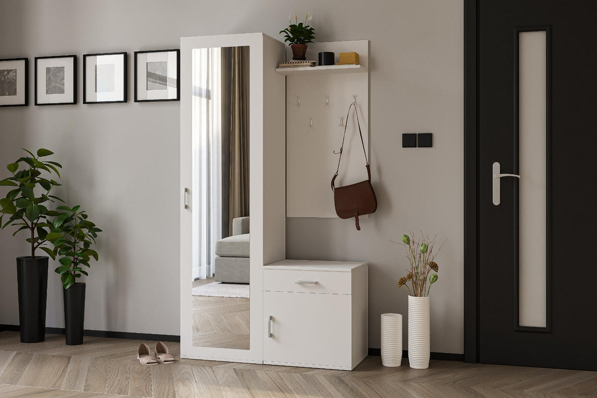 GARDEROBE Patricia 100 cm mit Spiegel, mit Schuhschrank und Schublade, weiß - Weiß, Kunststoff (100/181/35cm) - Margaret Hadas24