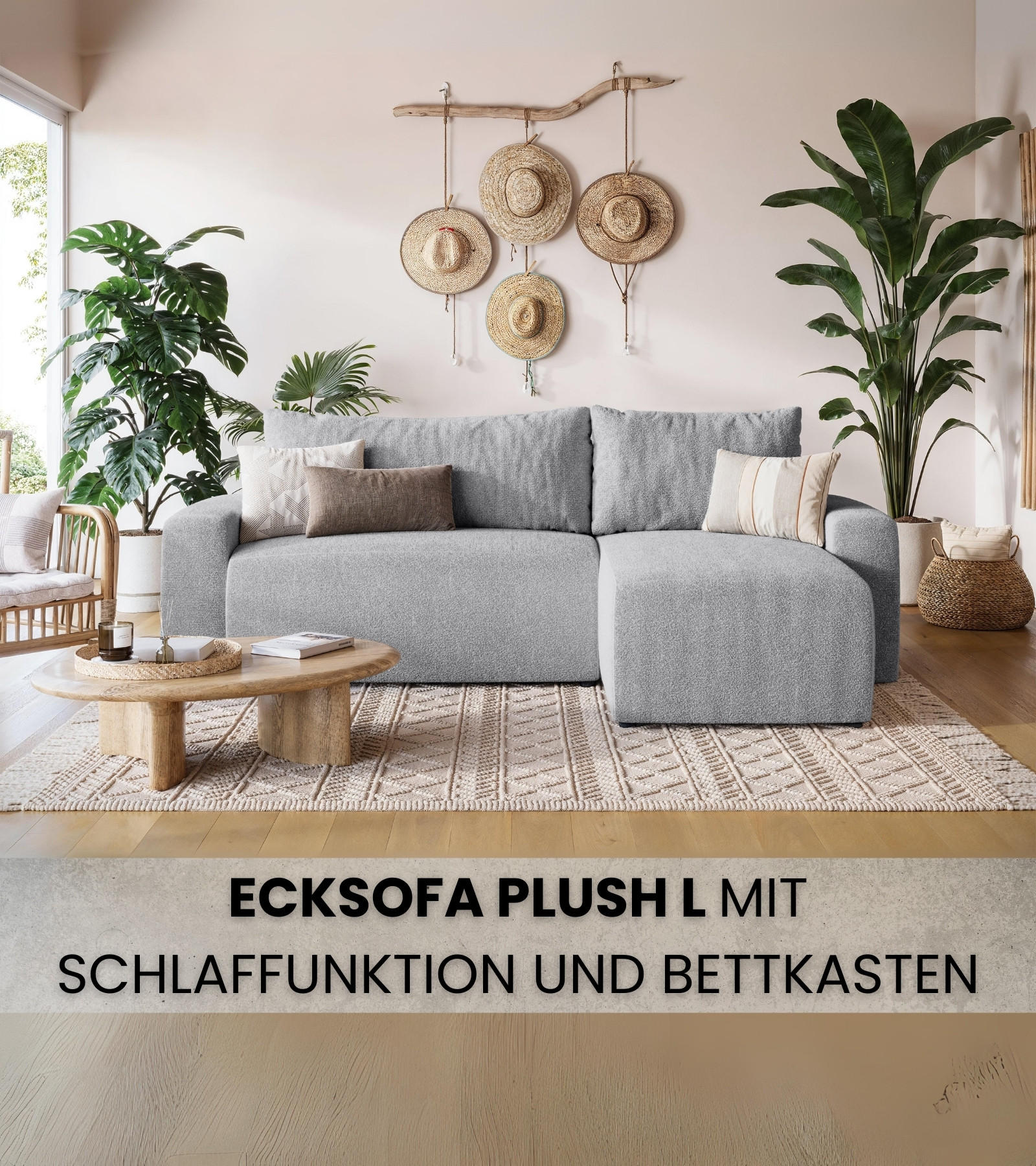 ECKSOFA PLUSH mit Schlaffunktion Grau Boucle - Hellgrau, Textil (240/145cm) - Bromarkt