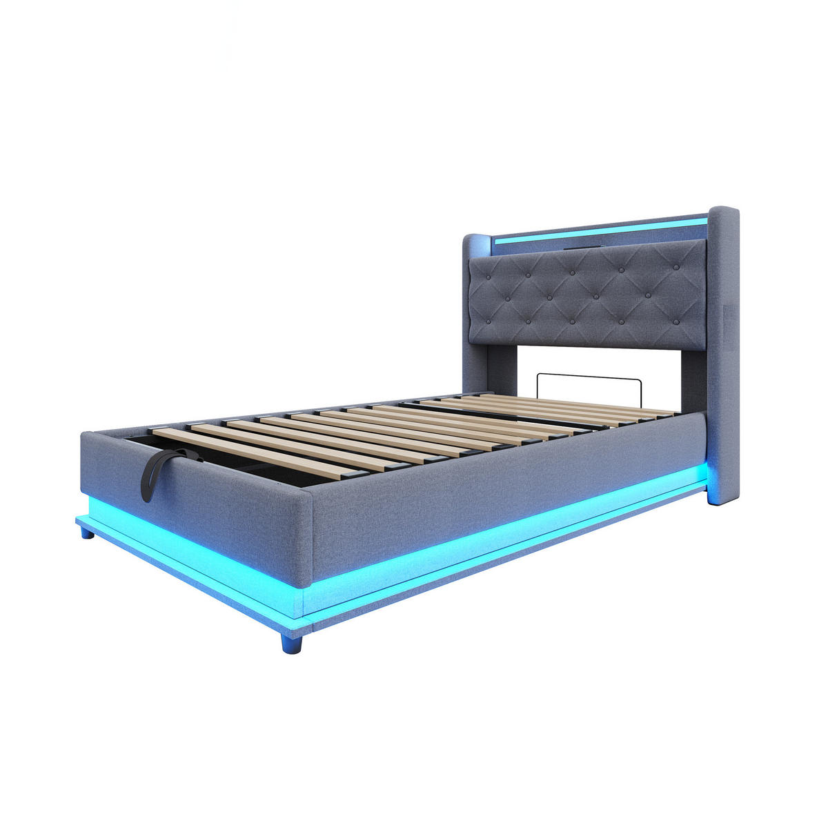 POLSTERBETT 90/200 cm Grau mit LED-Beleuchtung, Stauraum und USB-Anschlüssen - Grau, Textil (90/200cm) - Flora Grace