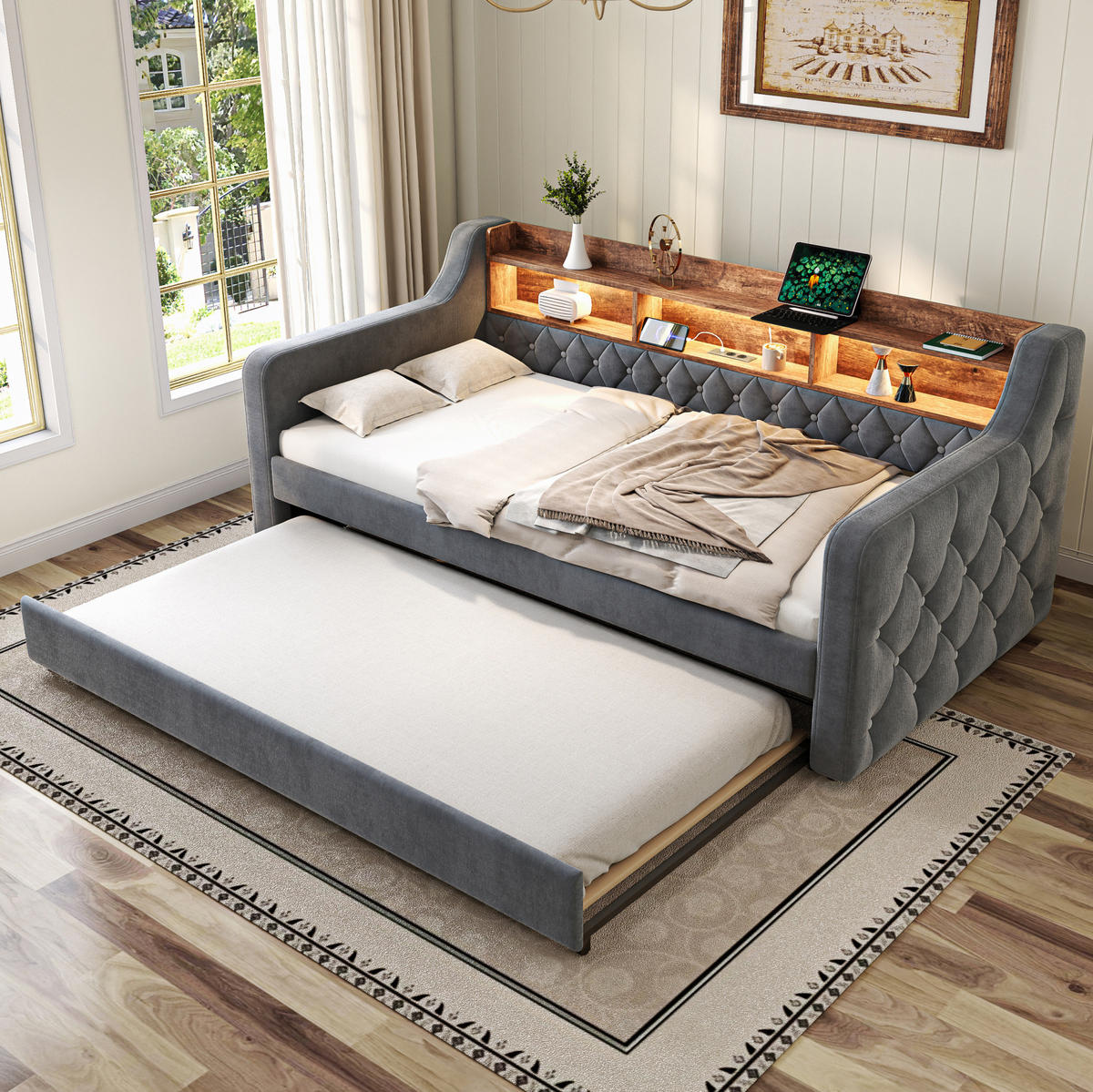 POLSTERBETT 90/180x190 cm aus Samt in Dunkelgrau mit LED und USB- und Type-C-Anschlüssen - Dunkelgrau, Textil (90/190cm) - Flora Grace