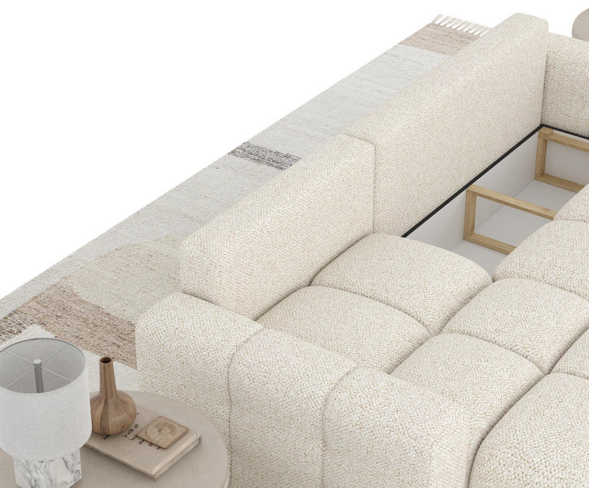 ECKSOFA MIT SCHLAFFUNKTION Ucci Creme Plüschstoff - Creme/Schwarz, Holz/Holzwerkstoff (233/142cm) - Maison de Reve