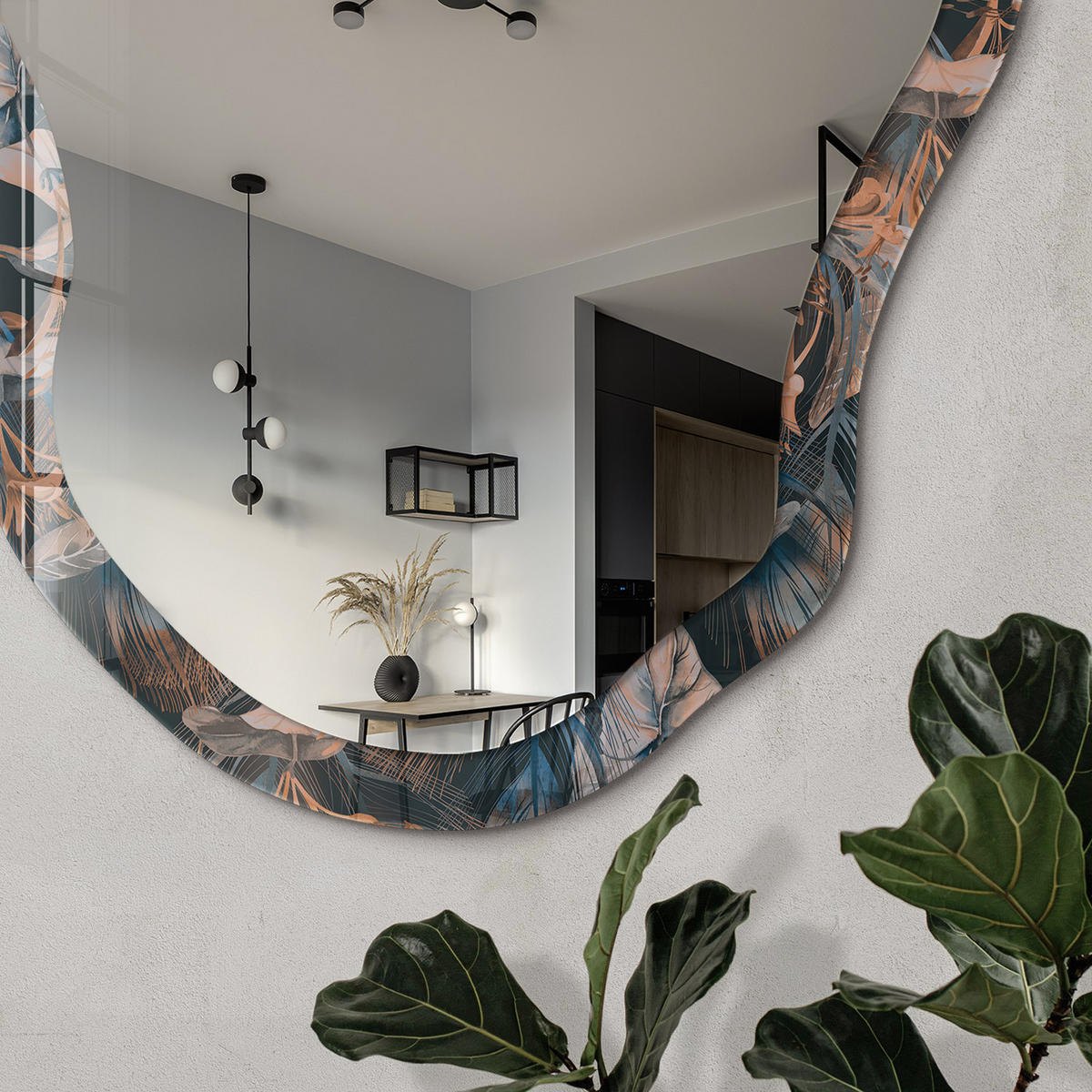 SPIEGEL 90x45 cm asymmetrisch mit Druck - Pflanzenzusammensetzung - Transparent, Glas (45/90/0.4cm) - TULUP