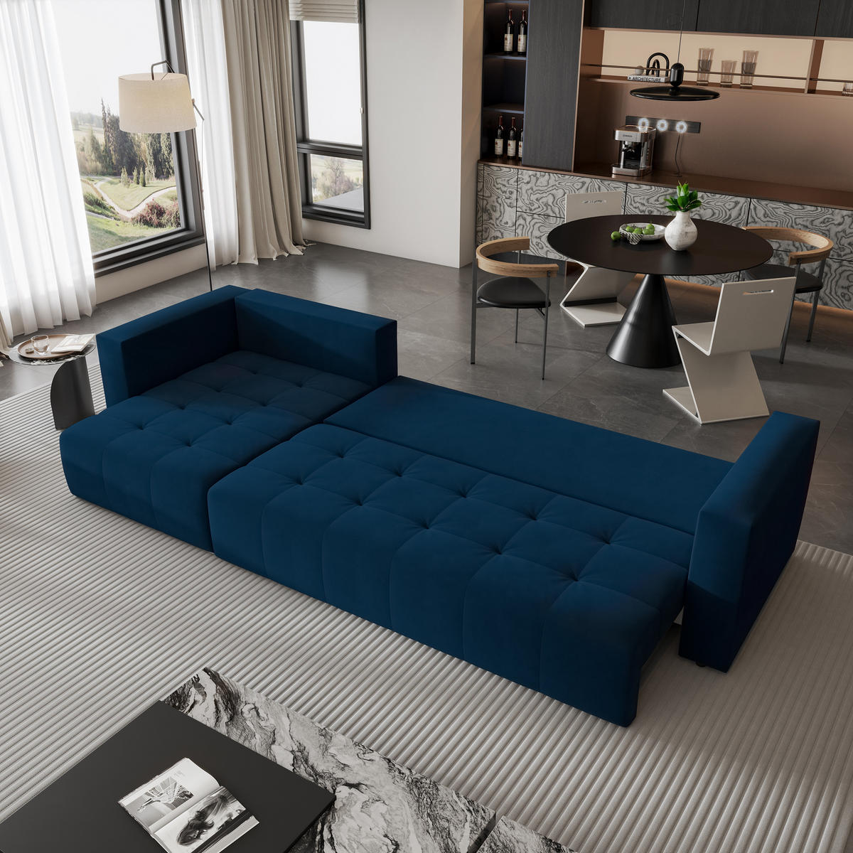 ECKSOFA OLVERA Blau Plüsch-Stoff mit Schlaffunktion - Blau, Holz (347/148cm) - MASSENO