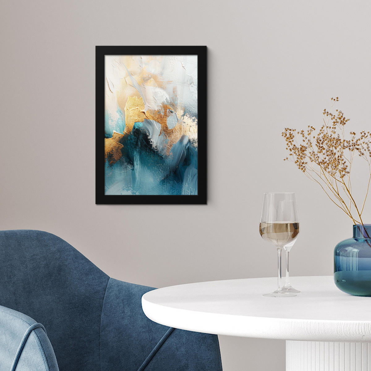 GERAHMTES BILD Abstrakt - Kunst - Gold - Blau 20x30 cm - Petrol, Papier (20/30cm) - MuchoWow