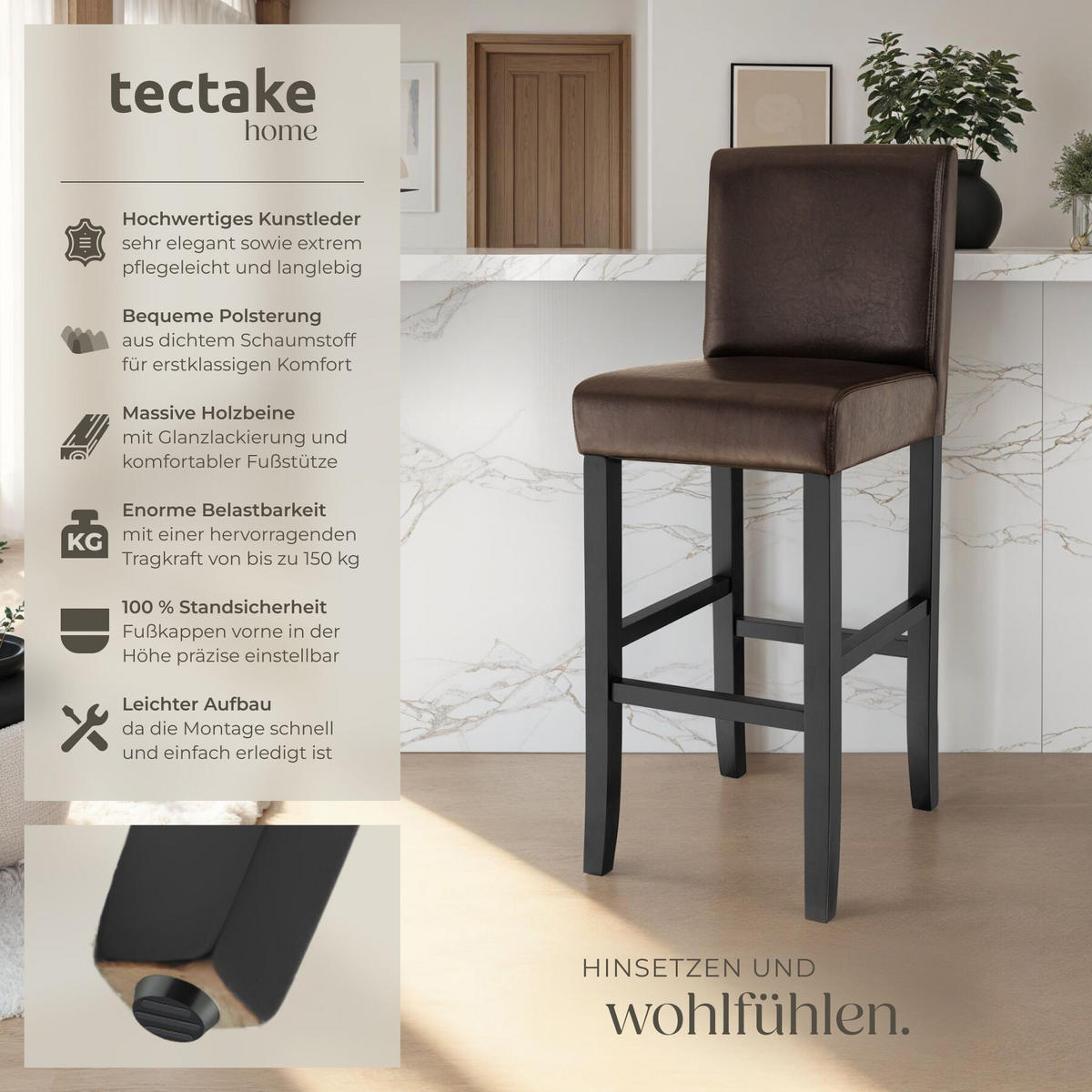 BARHOCKER 4er Set Kunstleder, Sitzhöhe 76 cm, antikbraun - Braun, Leder/Holz (40/107/41cm) - tectake