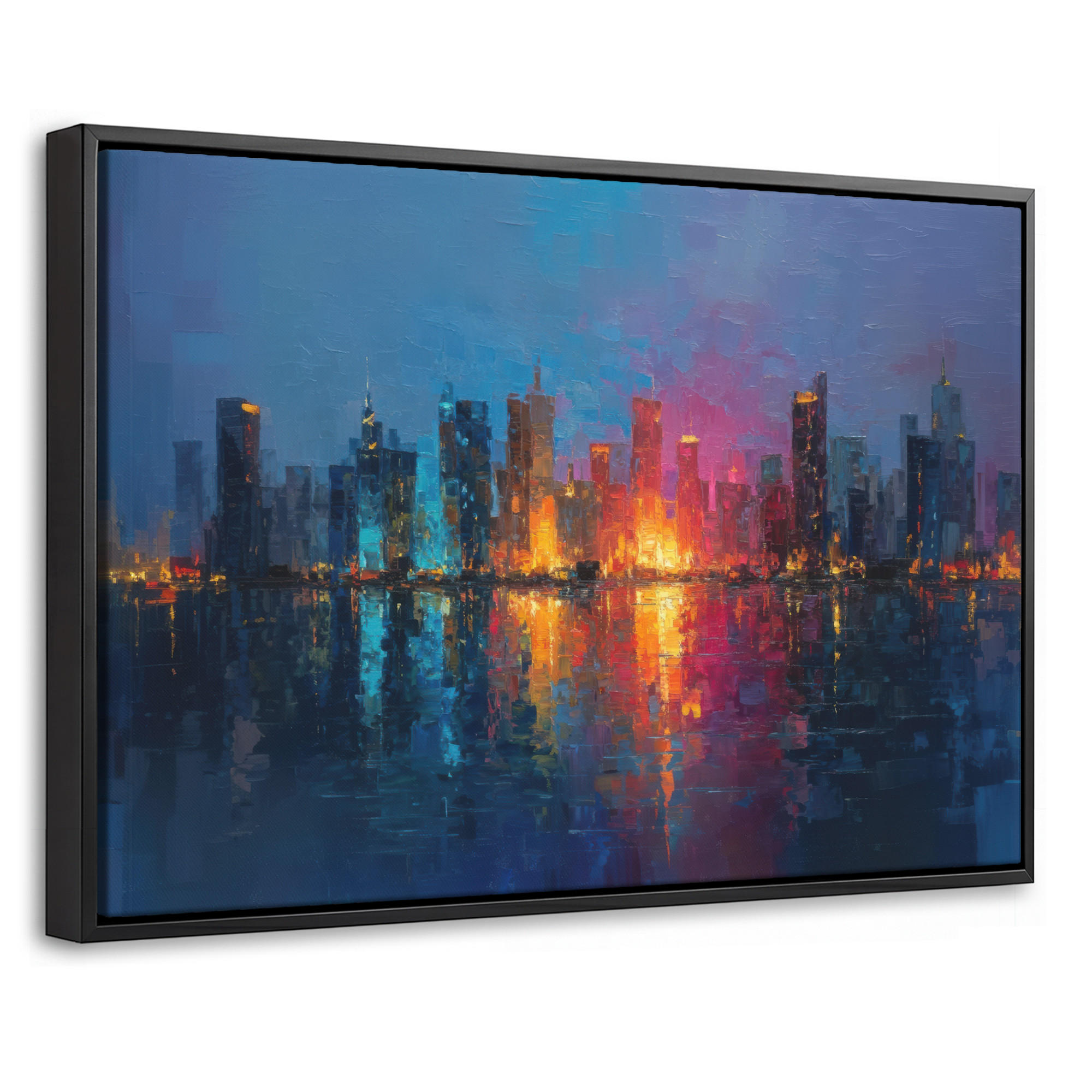 LEINWAND Bilder mit Rahmen - Skyline - Pinselstriche - Dunkelblau - Leuchtend - 60x40 - Blau, Textil (60/40cm) - MuchoWow