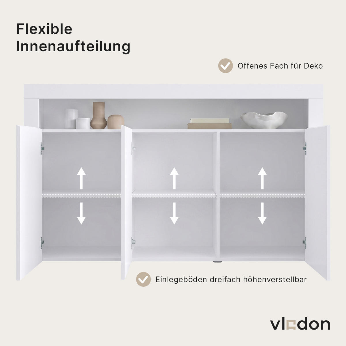 SIDEBOARD Valencia Creme Hochglanz / Creme Hochglanz - Creme, Holzwerkstoff (155/92/40cm) - Vladon