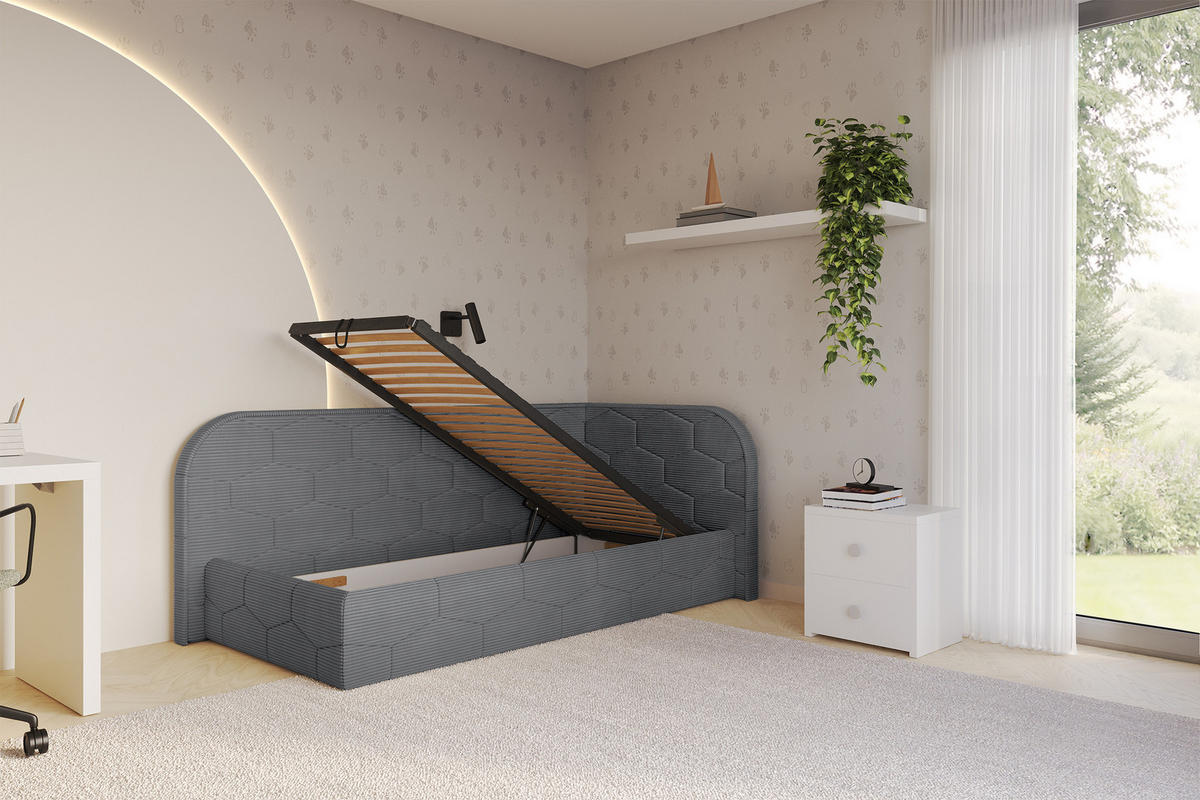 EINZELLBETT Jugendbett mit Bettkasten und Matratze H3/H4, Links - JAXY 90x200 Dunkelgrau - Graphitfarben, Holzwerkstoff/Textil (90/200cm) - ALTDECOR