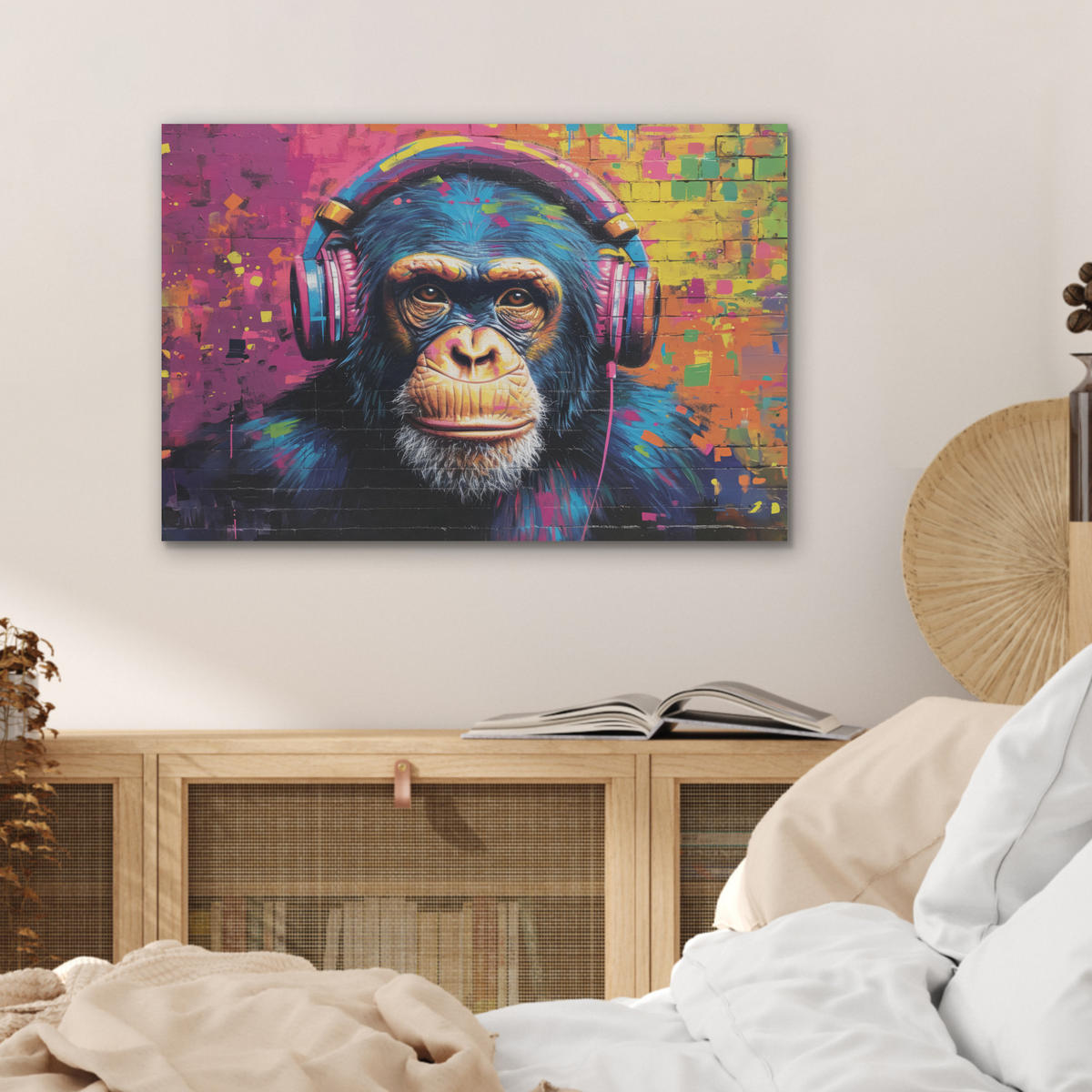 AKUSTIKBILD Graffiti - Schimpanse - Straßenkunst - Kopfhörer - Affe Wanddeko 70x50 cm - Blau, Kunststoff (70/50/0.9cm) - MuchoWow