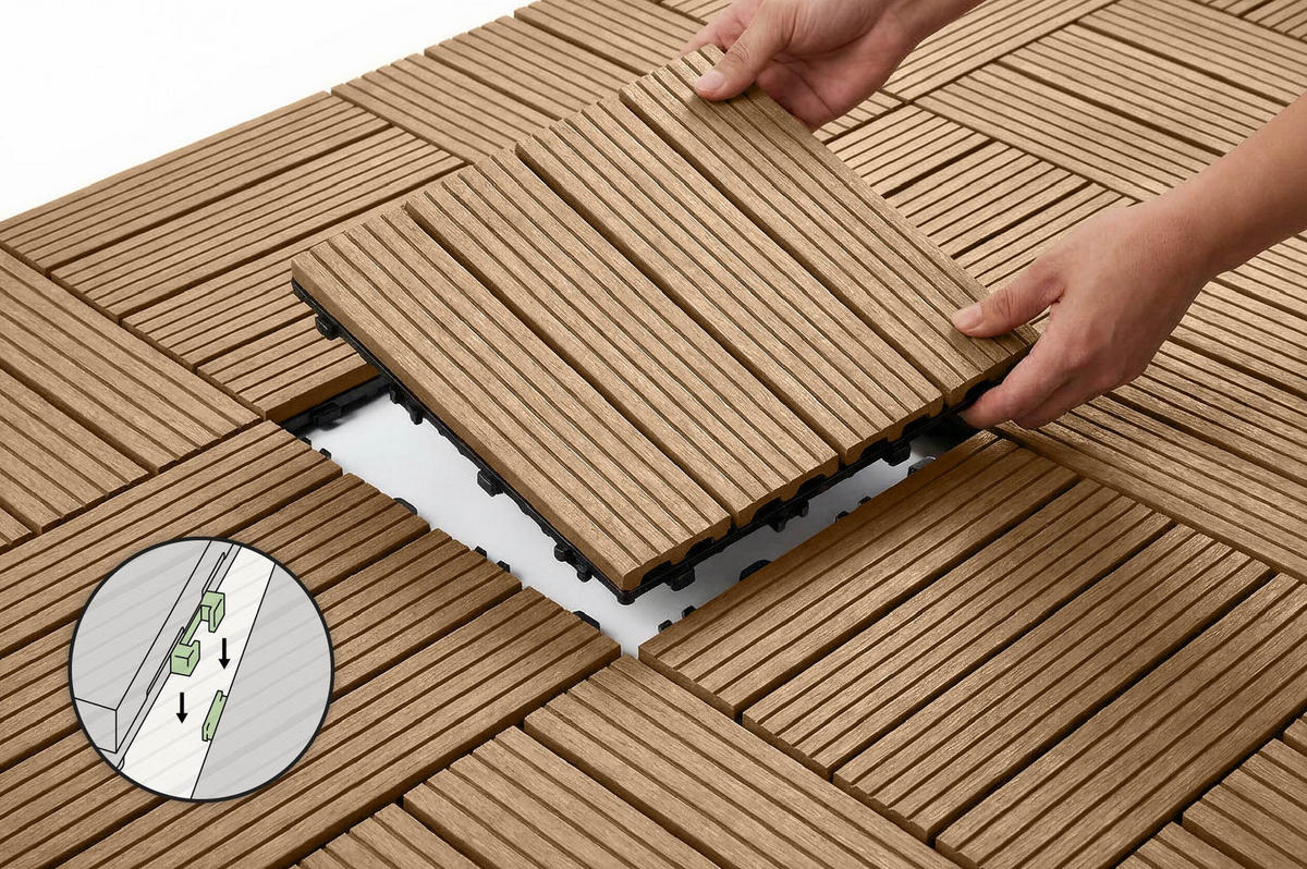 30ER-SET Terrassenplatten aus SERRA-Verbundwerkstoff in Teakoptik mit Rillen, 30 x 30 cm - Teakfarben, Holzwerkstoff (30/30/2cm) - Casanoov