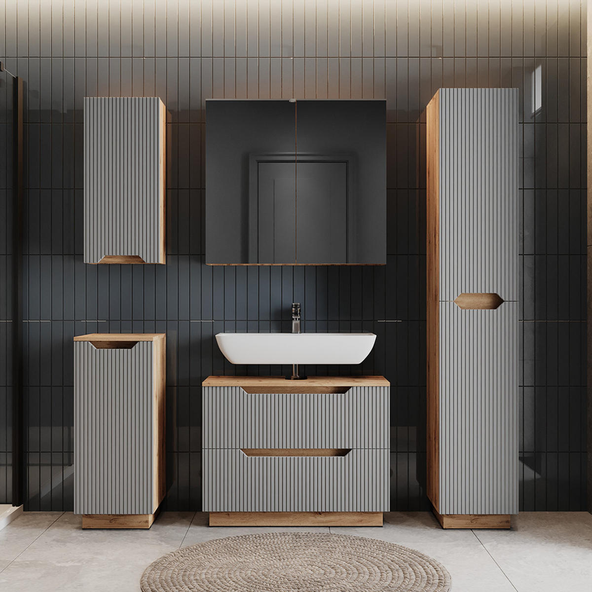 WASCHBECKENUNTERSCHRANK Lotta Eiche/grau gestreift 79.6 x 62.5 cm mit 2 Schubladen - Eichefarben/Grau, Holzwerkstoff (79.6/62.5/32cm) - Vicco