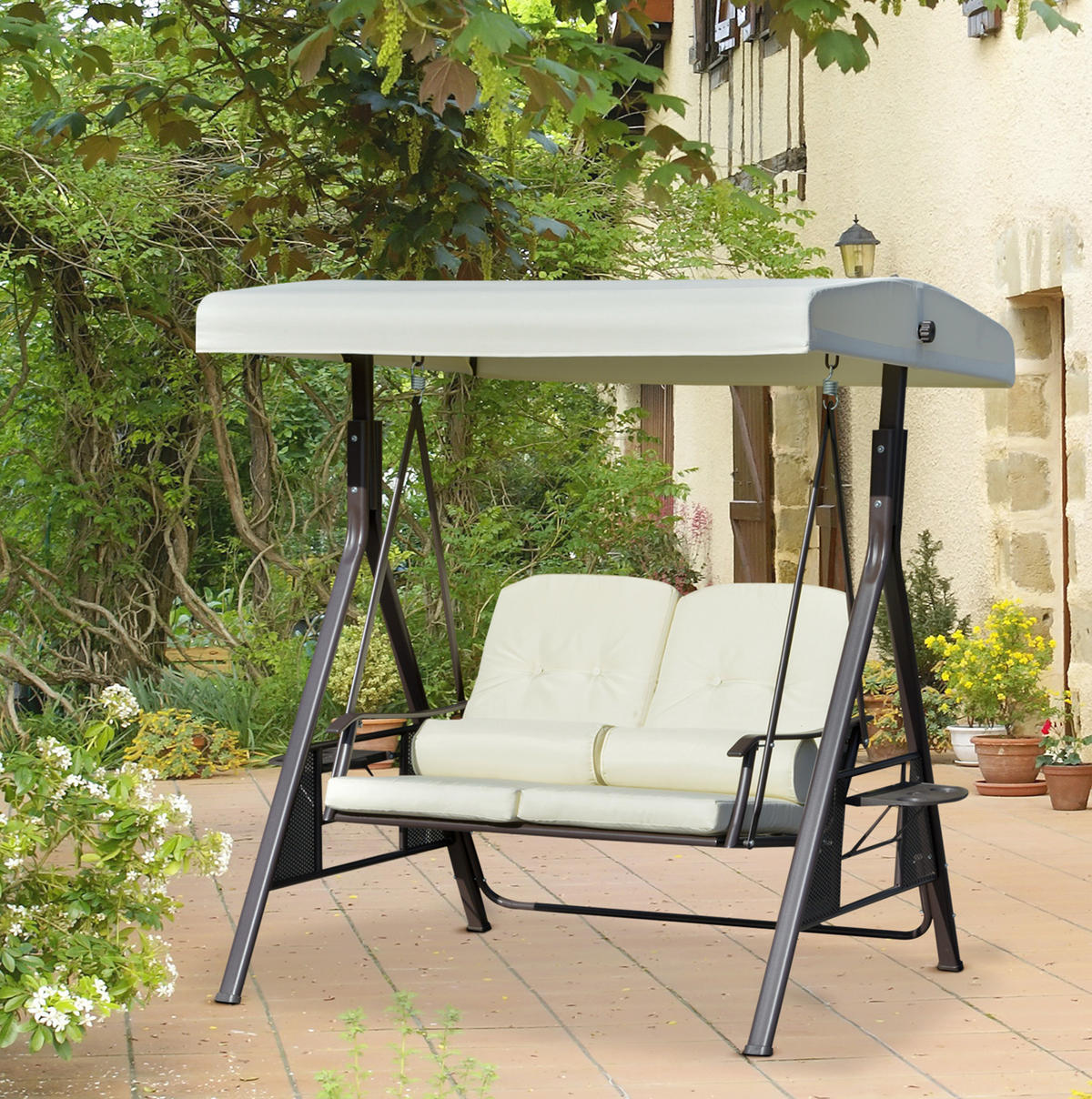 HOLLYWOODSCHAUKEL 162/118/173 cm mit verstellbarem Sonnendach, Seitenablagen und Metallgestell, Beige - Beige, Metall (118/173/162cm) - Redom