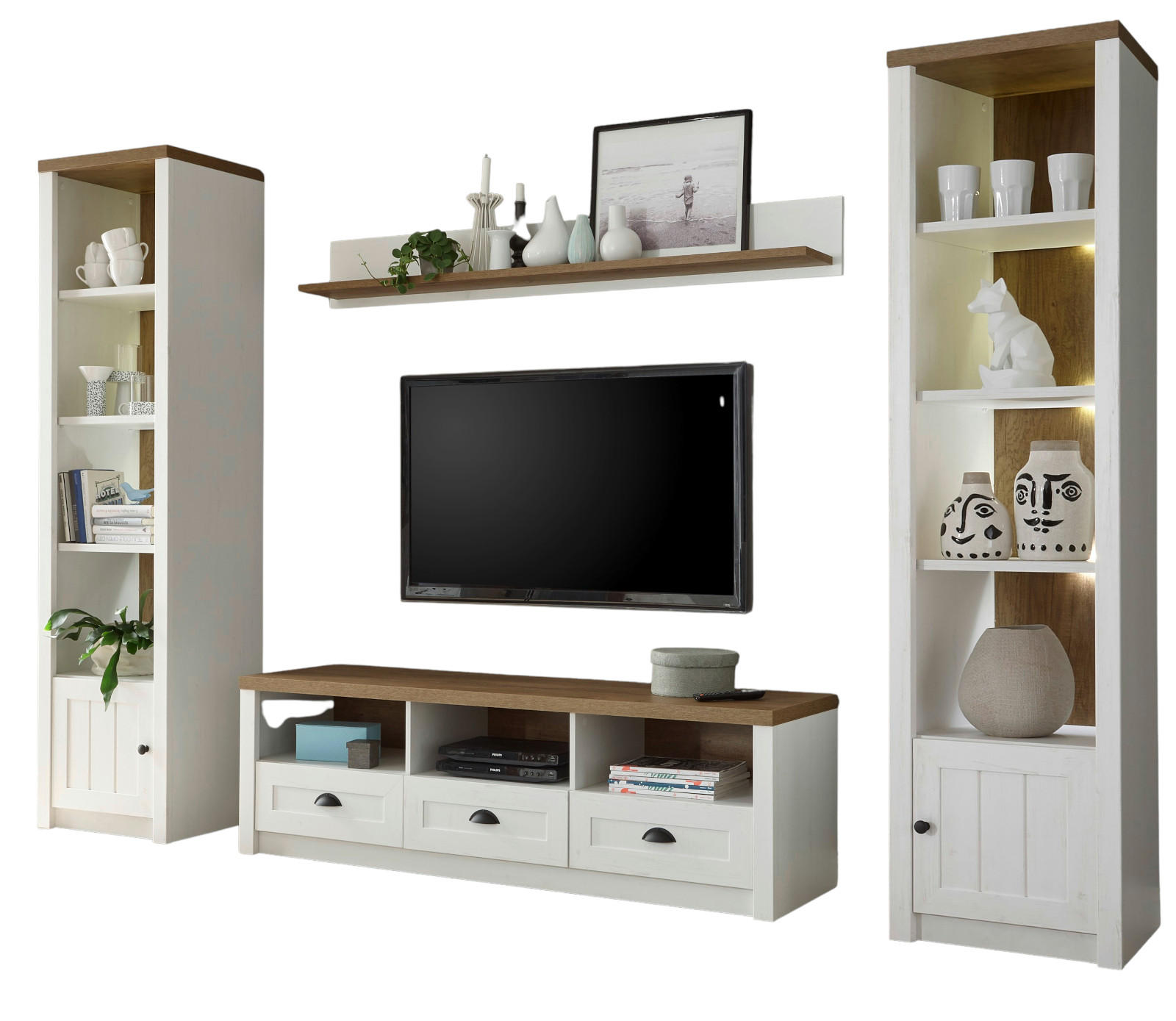 WOHNWAND weiß Pinie, Eiche hell Landhaus, Wohnkombination 4-teilig 300 x 198 cm - Eichefarben/Schwarz, Holzwerkstoff/Kunststoff (300/198/43cm) - Furn.Design