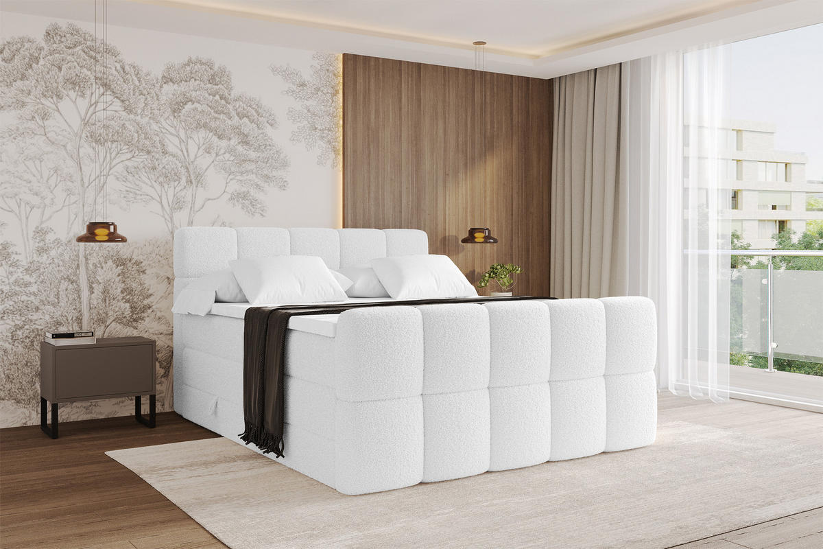 BOXBETT mit Matratze H3/H4 - FAMA-Z KING - 160x200 cm Weiß Quelle - Weiß, Holzwerkstoff (160/200cm) - ALTDECOR