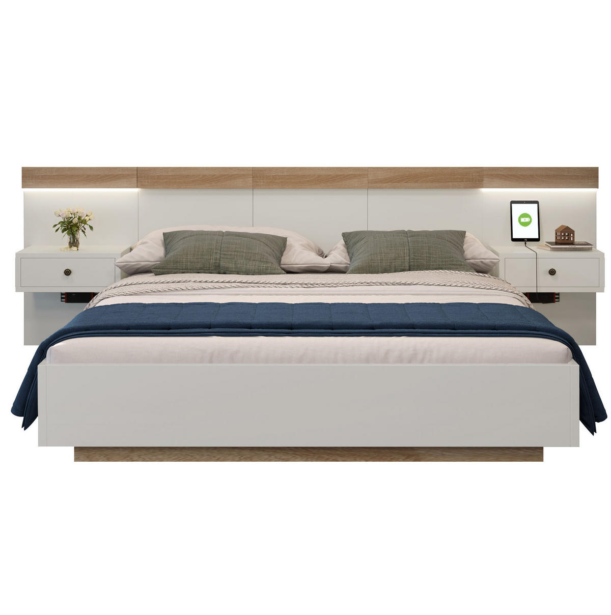 DVOULŮŽKOVÁ postel 180/200 cm bílá v dekoru dub Sonoma ze dřeva s LED stolky a USB-C - bílá, kompozitní dřevo (180/200cm) - OKWISH