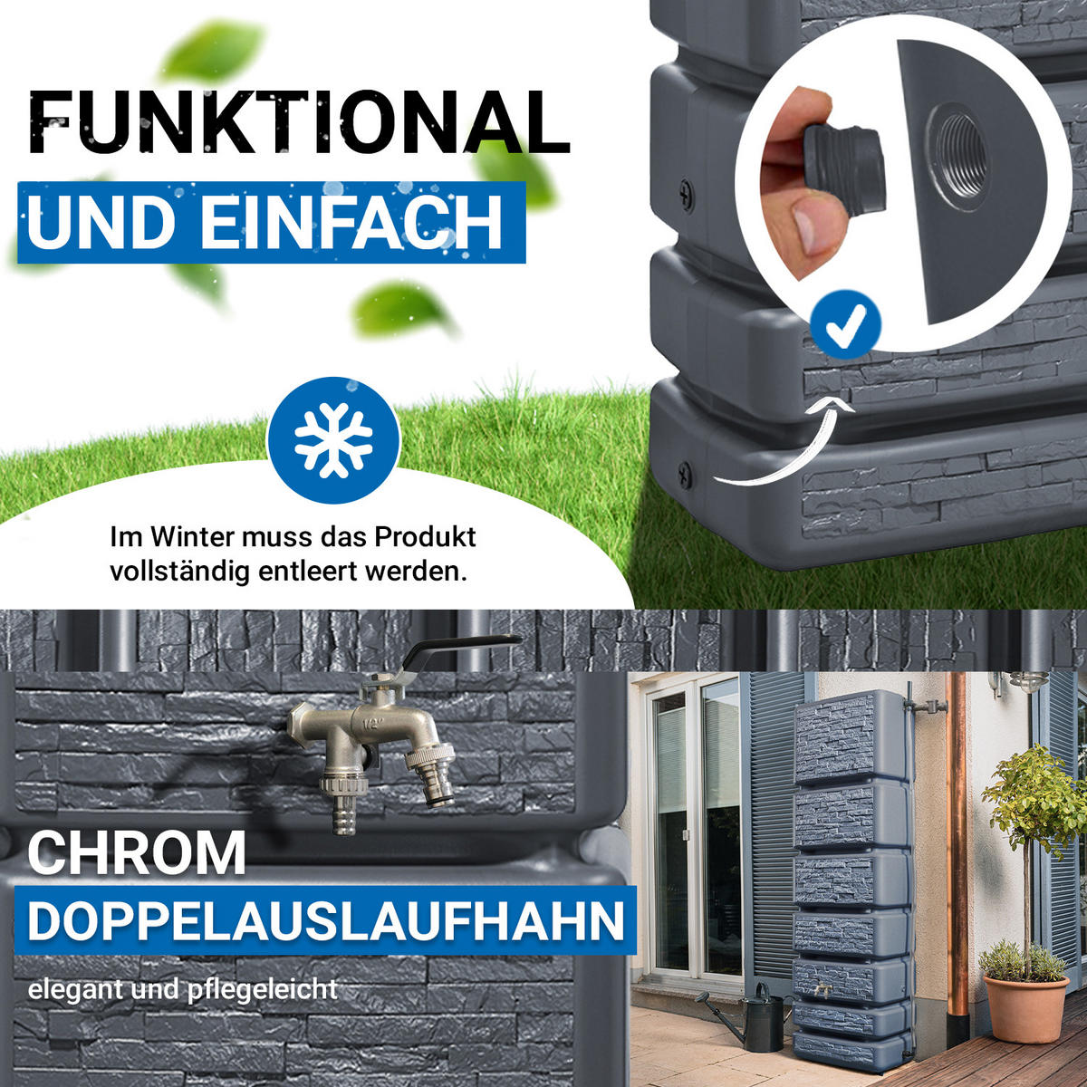 REGENTONNE Wandtank Komplett-Set 350 L, graphite grey inkl. Chrom-Doppelauslaufhahn und Fallrohranschluss - Grau, Kunststoff (39/184/60cm) - 4rain