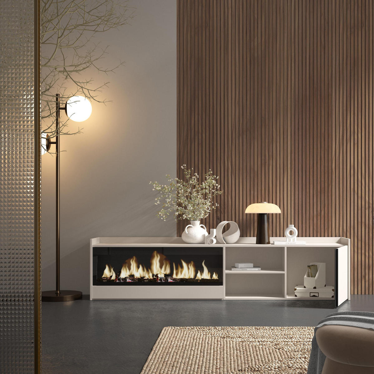 LOWBOARD, Beige, 212/35/50cm, Kamin mit Feuereffekt XXL - Beige, Holzwerkstoff (212/50/35cm) - Skraut Home